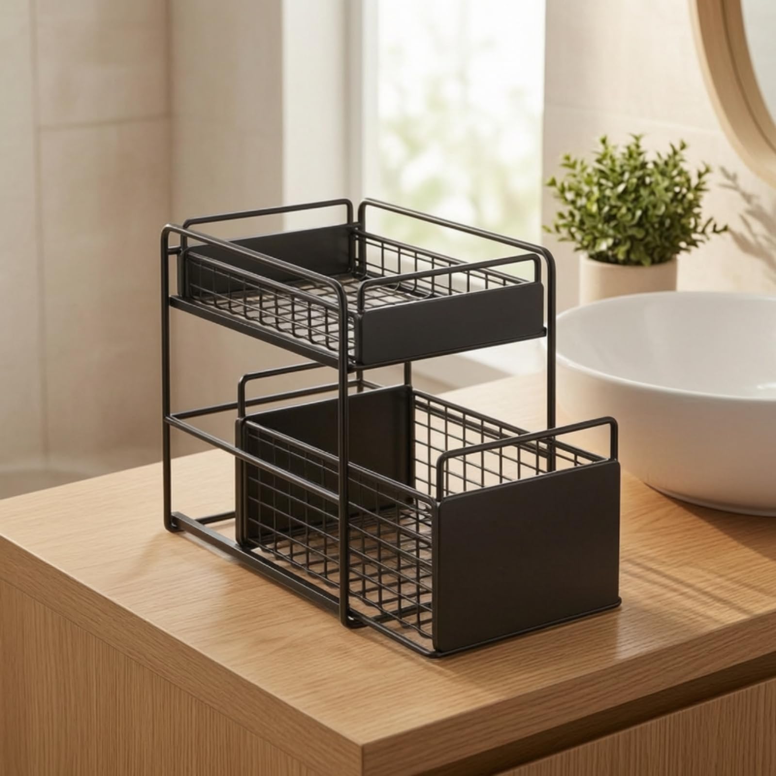 Étagère Coulissante à ux Niveaux en Fer pour Rangement Sous Évier Paniers Extractibles Parois Protection Adaptée à la Salle Bains à la Cuisine, Noir