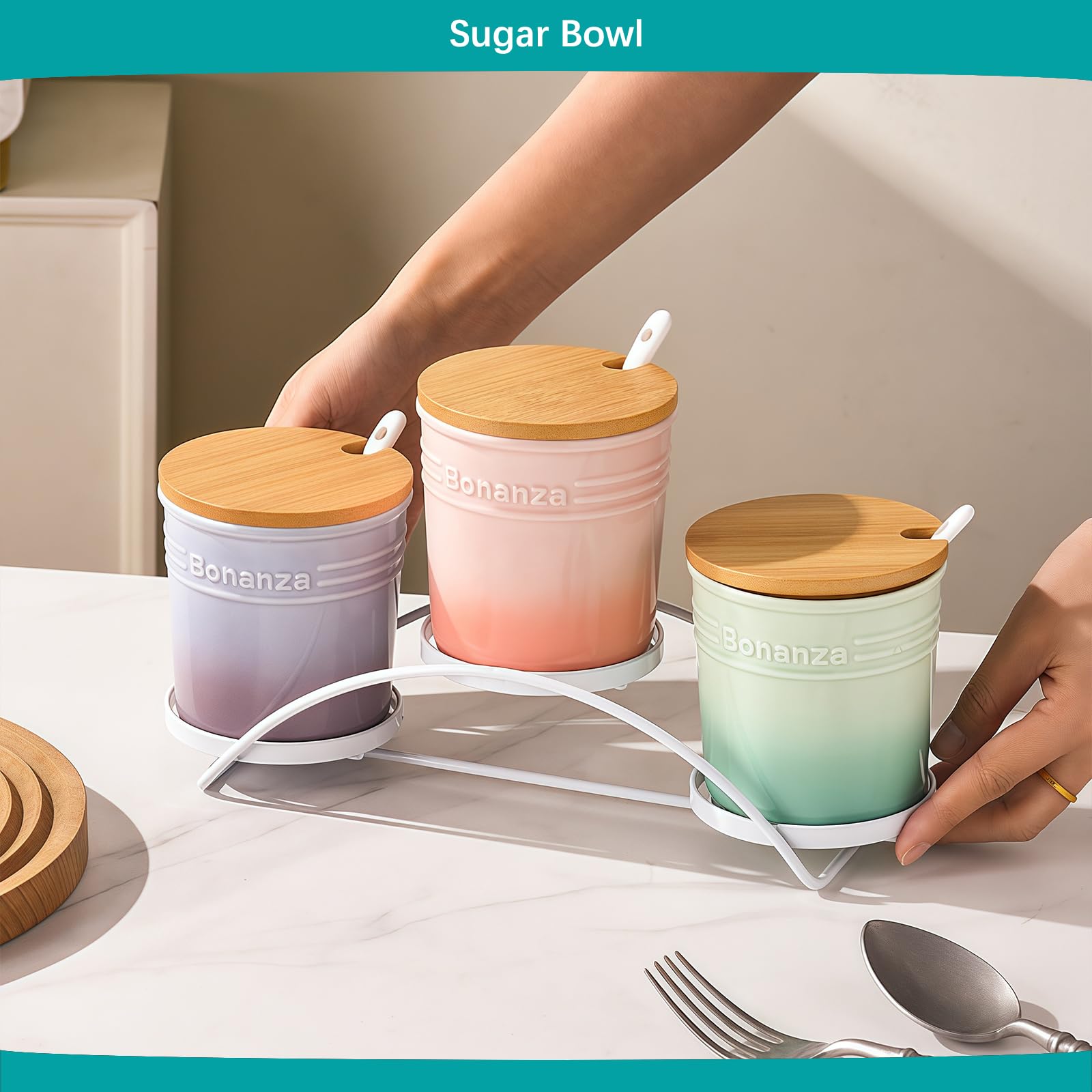 Sucrier avec couvercle et cuillère, lot de 3 pots de rangement, récipient à sucre, pot à sucre, sucrier (A)