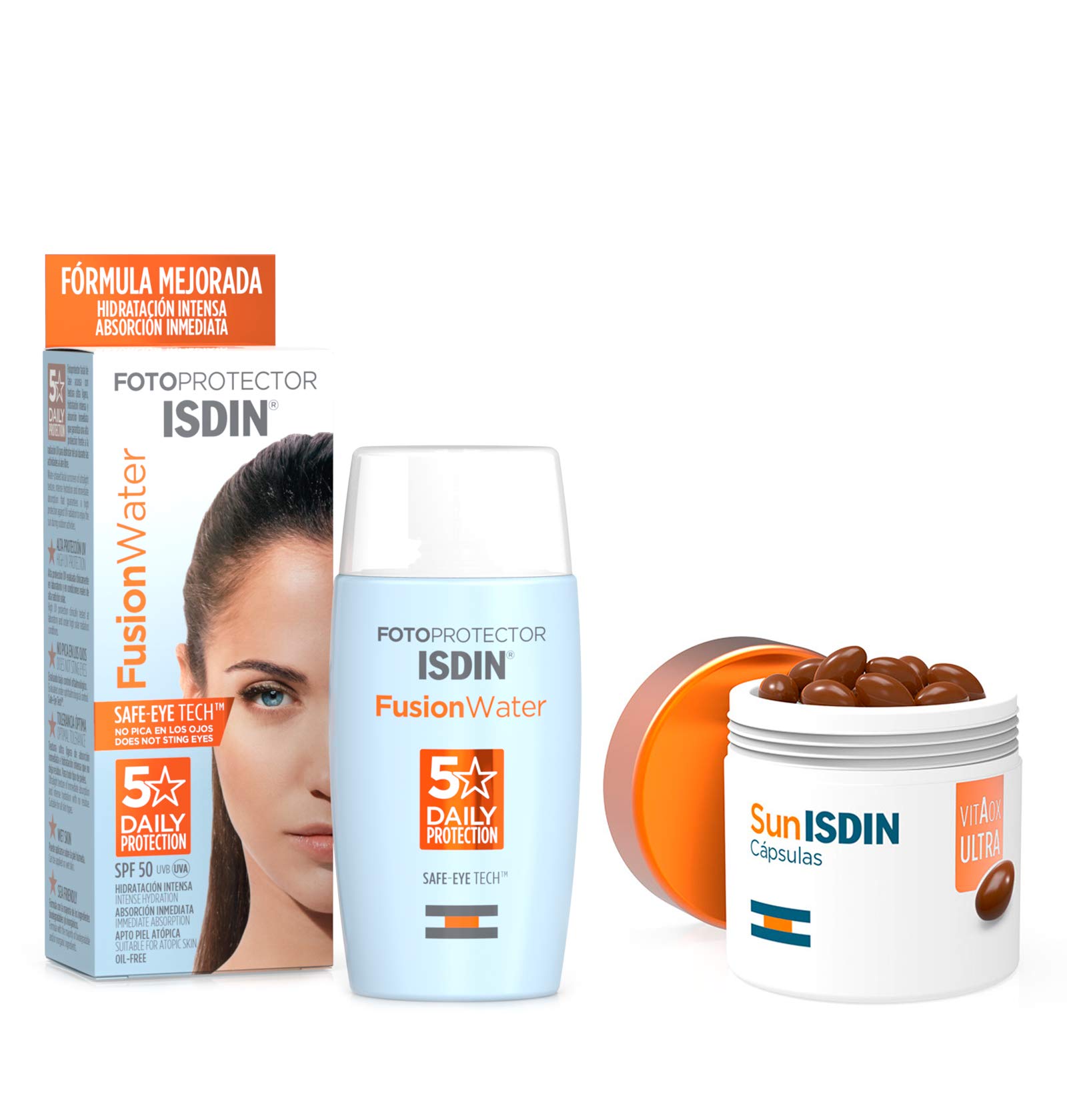 Isdin Fusion Water SPF 50 - Protector solar facial de fase acuosa, 50 ml + Cápsulas Orales, 30 Unidades Complemento Alimenticio que Contribuye a Preparar la Piel para la Exposición Solar