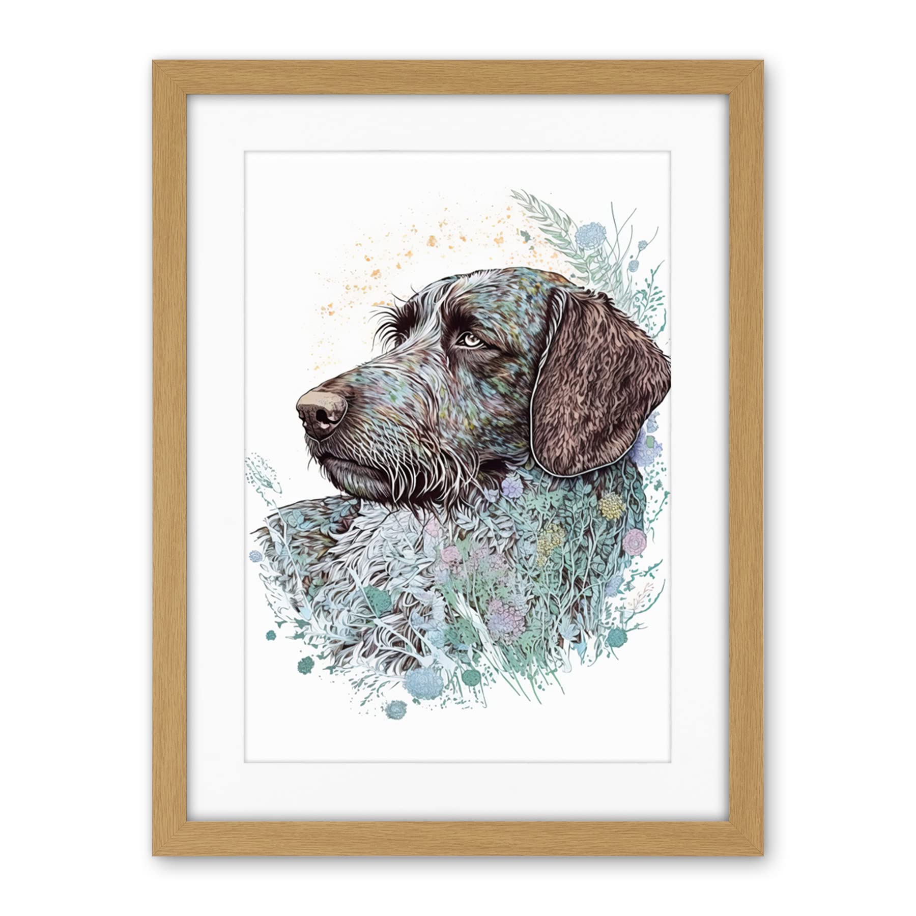 Artery8 German Wirehead Pointer Dog Nature Spirit Animal Modern Multicoloured Illustration Artwork Framed Wall Art Print 18X24 Inch