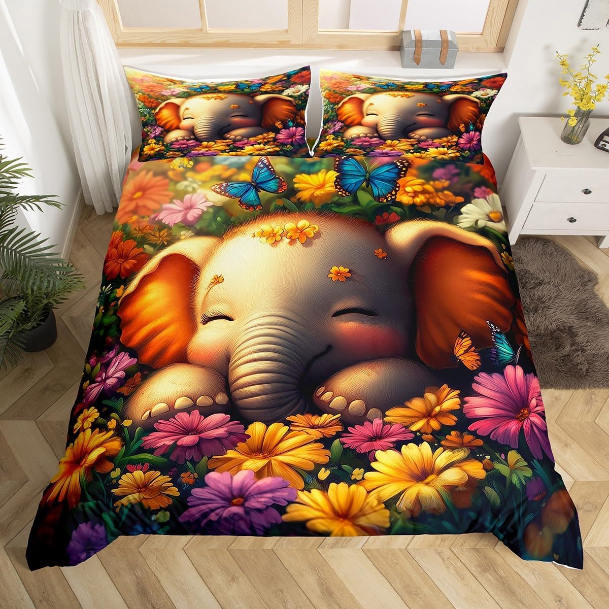 Cute Elephant Duvet Cover Set Toddler Size,Butterfly Botanical Daisy Flowers Rustic Bedding Set,Boys Girls Room Decor,African Wild Animal Comforter Cover,Yellow Quilt Cover,1 Pillowcase(No Filler)
