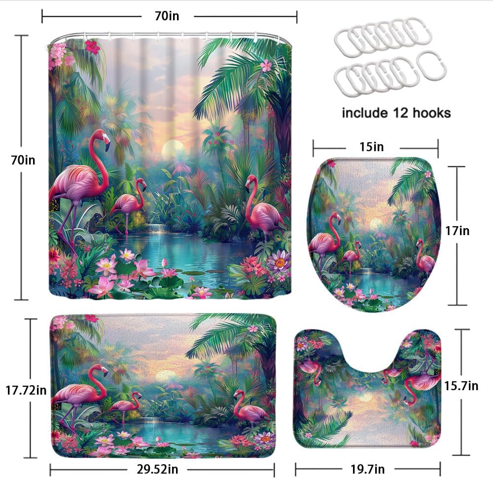 4 Piece Flamingo Shower Curtain Set with Rugs, Toilet Lid Cover ,Watercolor Tropical Birds Rainforest Palm Tree Leaves Floral Exotic Hawaiian Beach Botanical Plant Bathroom Shower Curtain with Hooks
