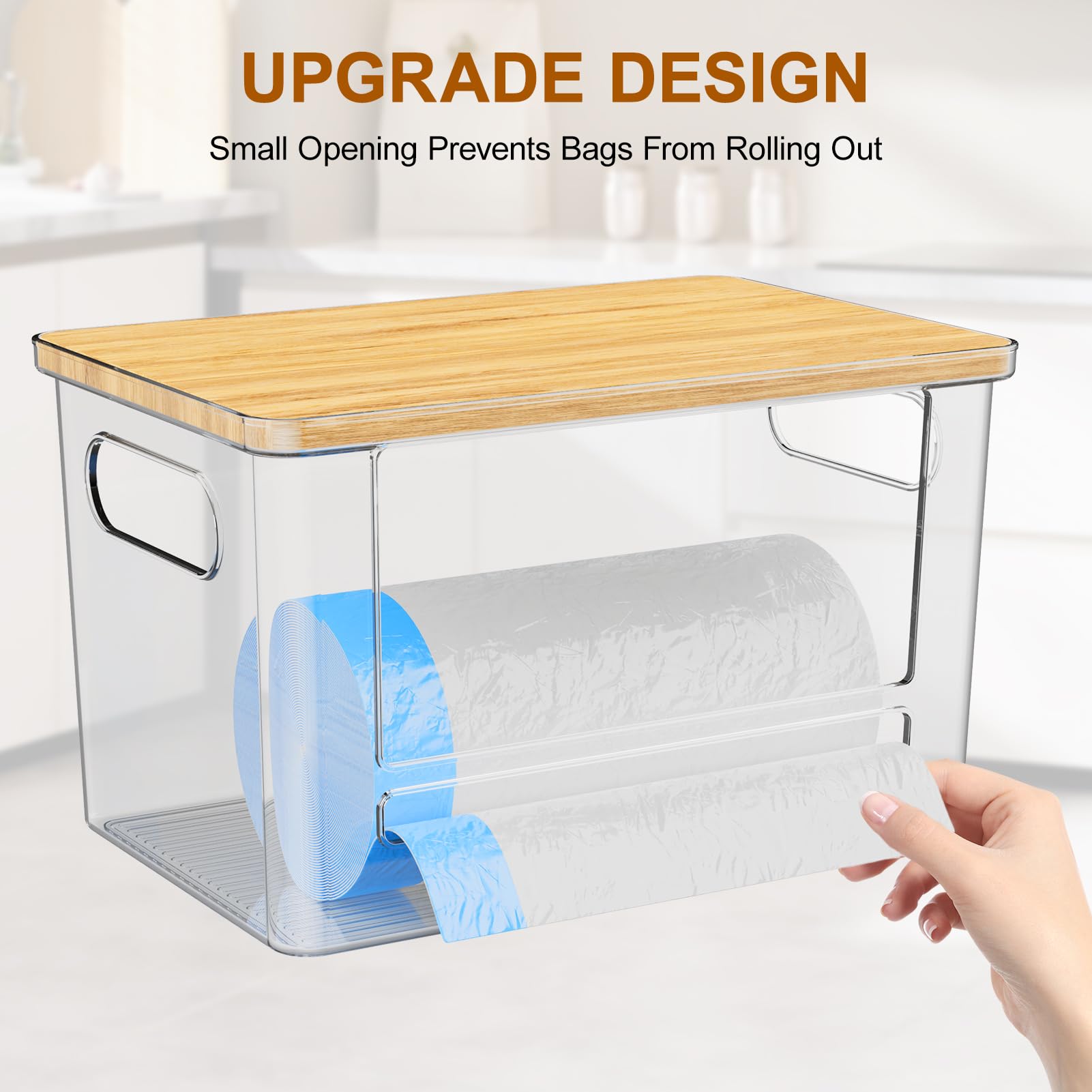Riian Dispensador de bolsas de basura, soporte para bolsas de basura, soporte apilable para bolsas de basura con parte superior de bambú, contenedor de almacenamiento acrílico para debajo del