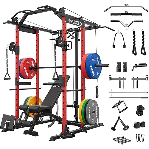 Mikolo Power Cage, Power Rack with Cable Crossover System, 1500LBS Squat Rack with LAT Pull Down System, Workout Cage with Pulley System for Fitness Home Gym