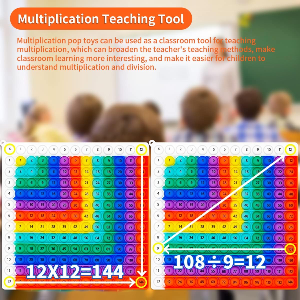 12x12 Multiplication Pop Board - Sensory STEM Learning Toy with Poppable Bubbles, Interactive Math Game for Classroom & Home, Multiplication Table Chart, Stress Relief Tool, CPC Certified