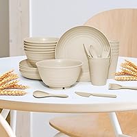 Vista 6 de 42 pcs Wheat Straw Dinnerware Sets - SHECIPIN Unbreakable Reusable Dinnerware Set Kitchen Cups Plates and Bowls Sets,Dishwasher Microwave Safe Beige
