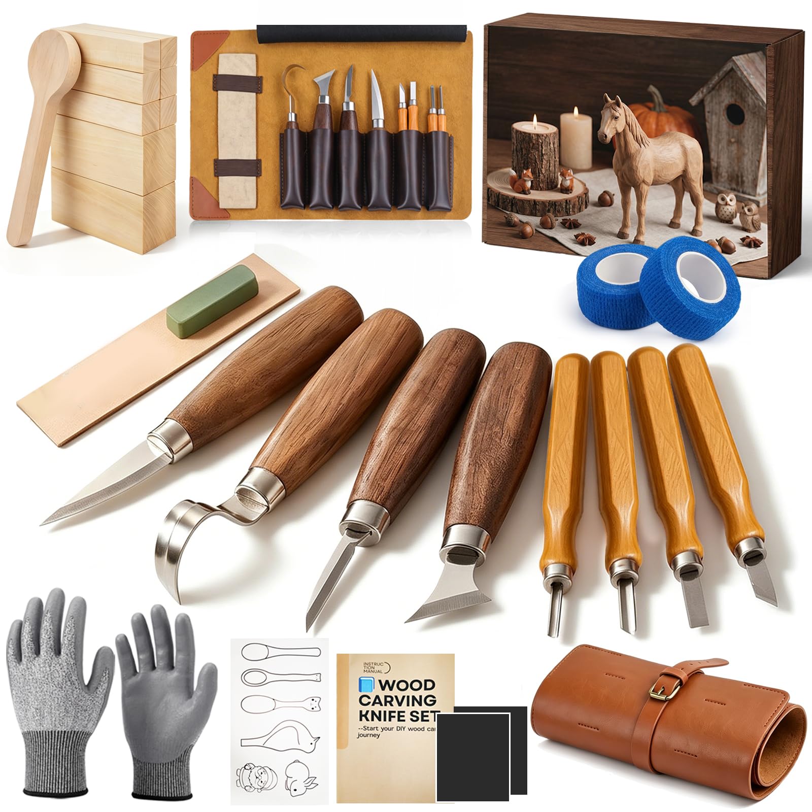 HA BIN Kit de Sculpture sur Bois 25 pièces, Set Complet pour Débutants avec Couteaux de Sculpture, Pierre à Aiguiser, Gants, Bloc de Bois de Tilleul & Sac de Rangement, Kit pour Adultes