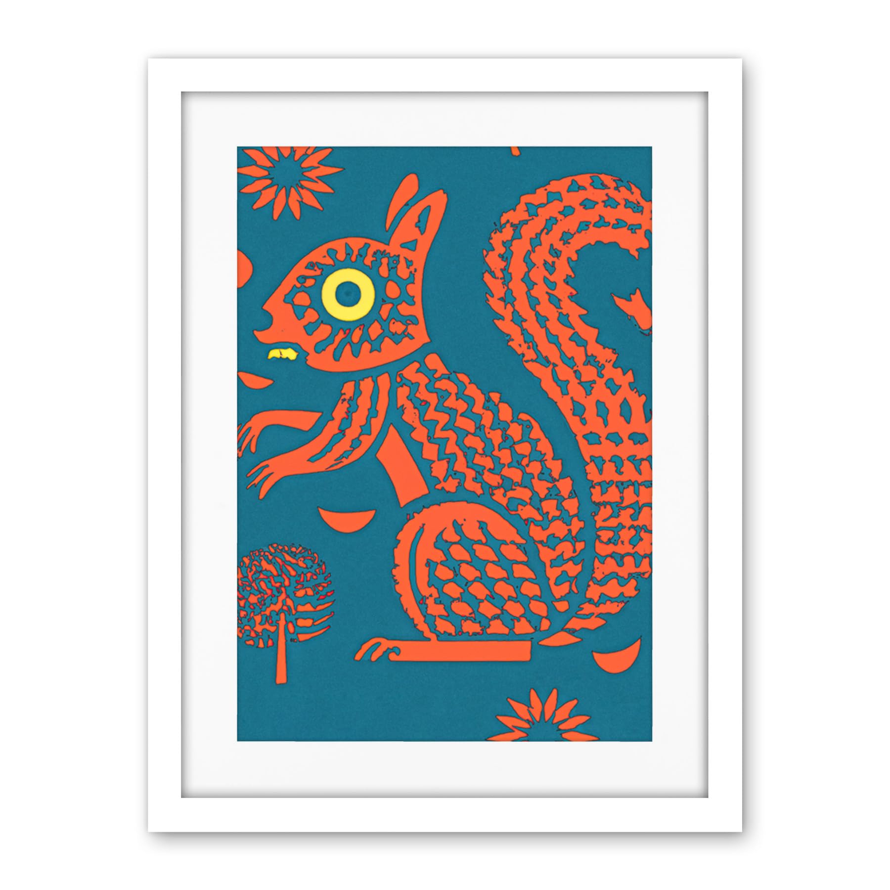 Artery8 Squirrel Colour Block Modern Folk Art Linocut Artwork Framed Wall Art Print 18X24 Inch