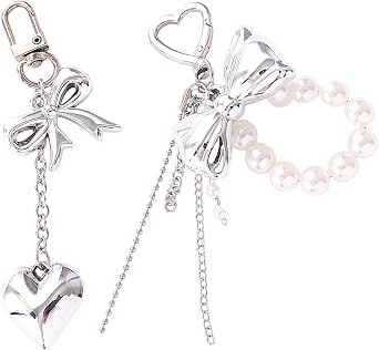 Pearl Keychain with Silver Heart Butterfly Charm, Elegant Key Ring Pendant for Car Keys, Bag Charm, Backpack Keychain, Phone Charm, Wallet Accessories azhd-14