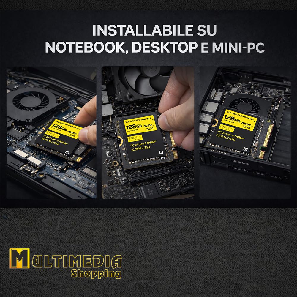 SSD PCIe NVMe Gen 4x4 da 128 Gb M2, Unità a Stato Solido Interna, compatibile con slot 2230, alta velocità di trasferimento dati, per uso professionale, gar. Italia
