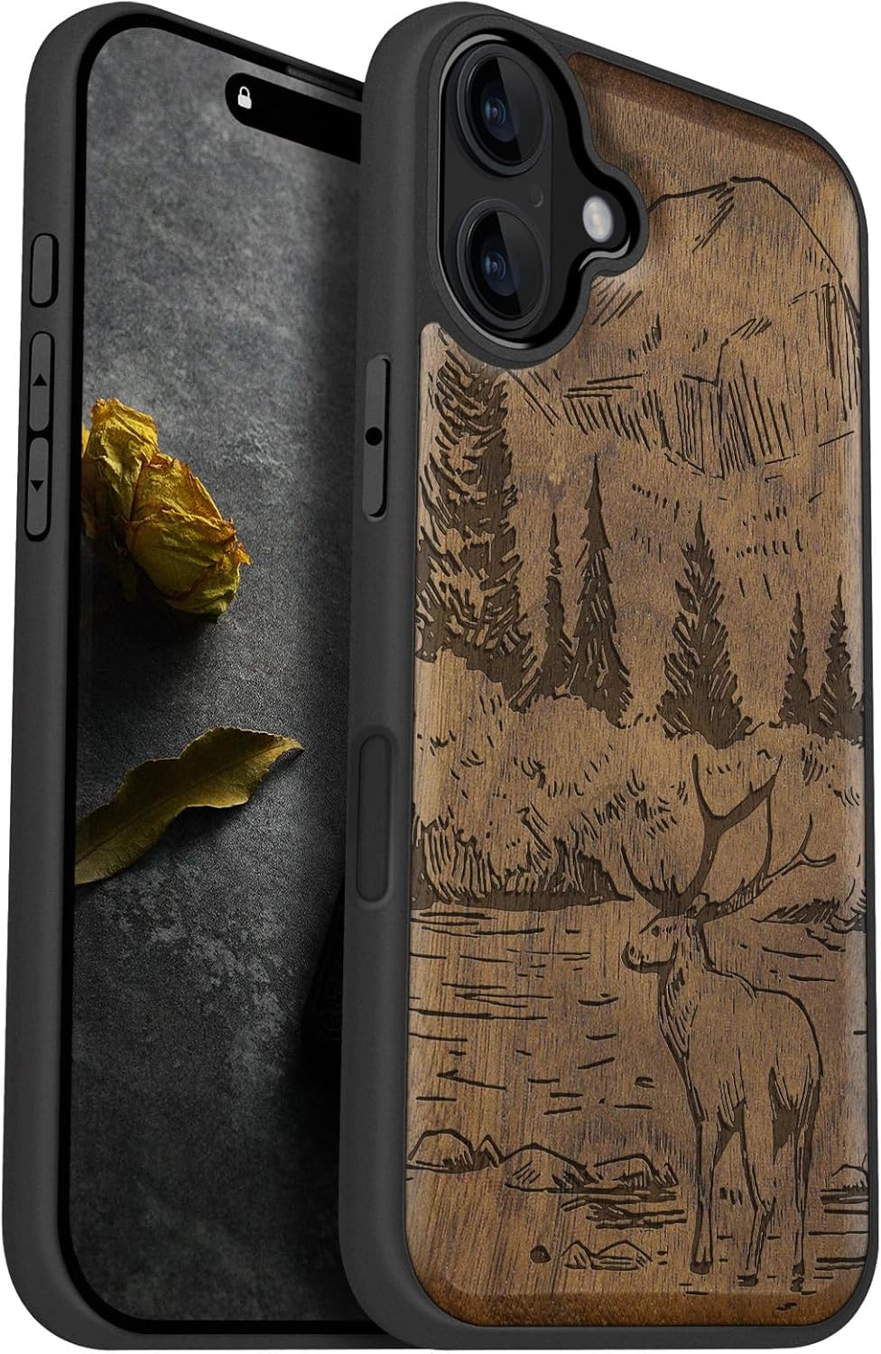 Carveit Magnetic Wooden Case for iPhone 16 Plus Case, Wood Artisan Engraved & Black Soft TPU Shockproof Cover, Compatible with MagSafe Wireless Chargers (Mountains and Deer) Walnut