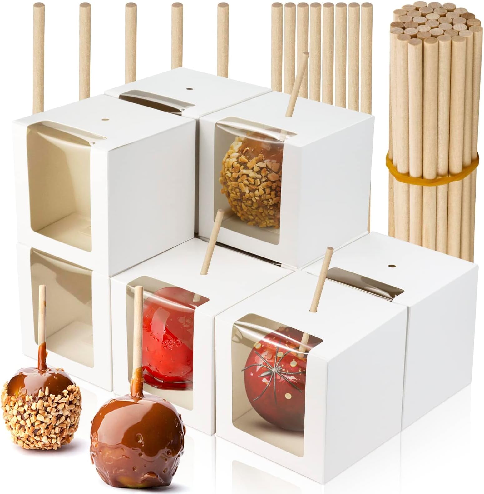 BadenBach 40 Pack Kraft Candy Apple Box with Sticks,4" x 4" x 4",Caramel Apple Box Kit Chocolate Cake Treat Boxes with Clear Window for Easter,Father's Day,Wedding,Party,Baby Shower (White)
