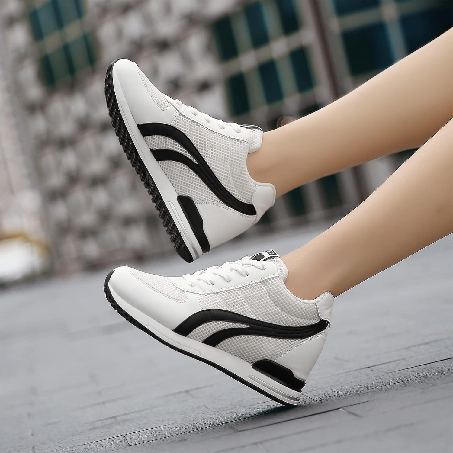 AONEGOLD Womens Hidden Wedges Shoes High Heeled Lightweight Mesh Sneakers Casual Walking Shoes Tennis Chic White 40