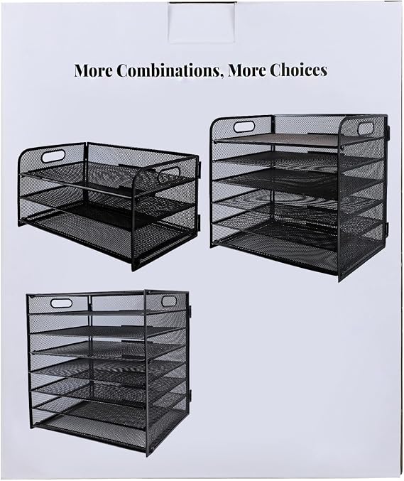 Paper Letter Tray with Handle, 5 Tier Metal Mesh Desk File Organizer, A4 Paper Desktop Filing Trays, Desk Tidy Magazine Document Holder for Home Office, Black
