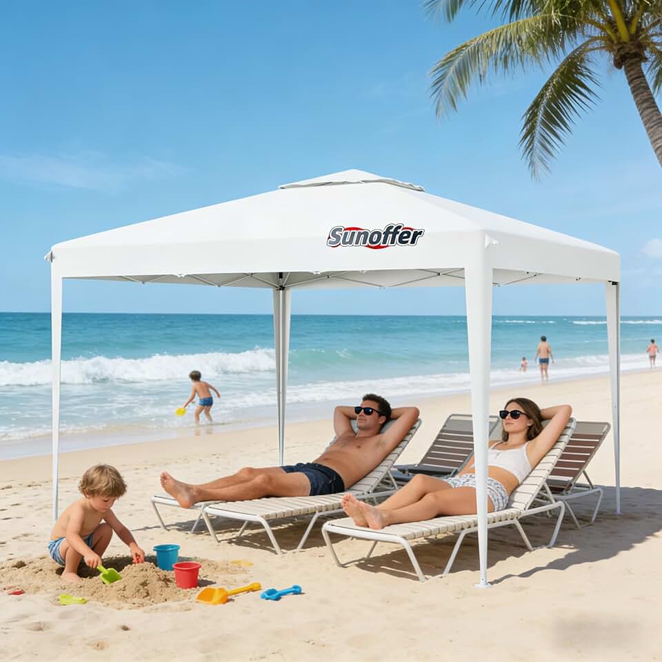 Tenda Gazebo Sanfonada 3x3, Barraca de Praia com Estrutura, Proteção Solar 97% UV, Cobertura Resistente à Água para Jardim, Camping e Eventos Externos com Mala de Transporte (Branco)