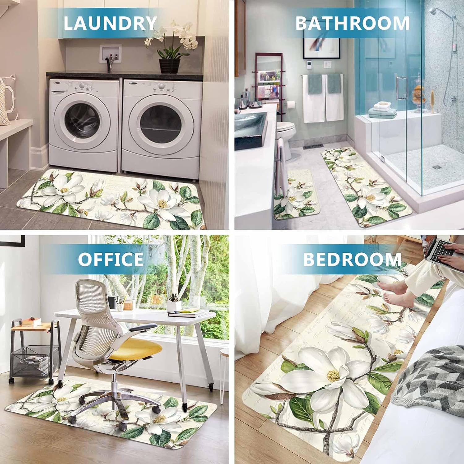 Prime Leader White Floral Kitchen Mat Set 2 Pieces Magnolia Bud Green Leaf Farmhouse Flowers Retro Non Slip Kitchen Rugs Washable Runner Rug Mats for Sink Laundry (15.7" x 23.6"+15.7" x 47.2")