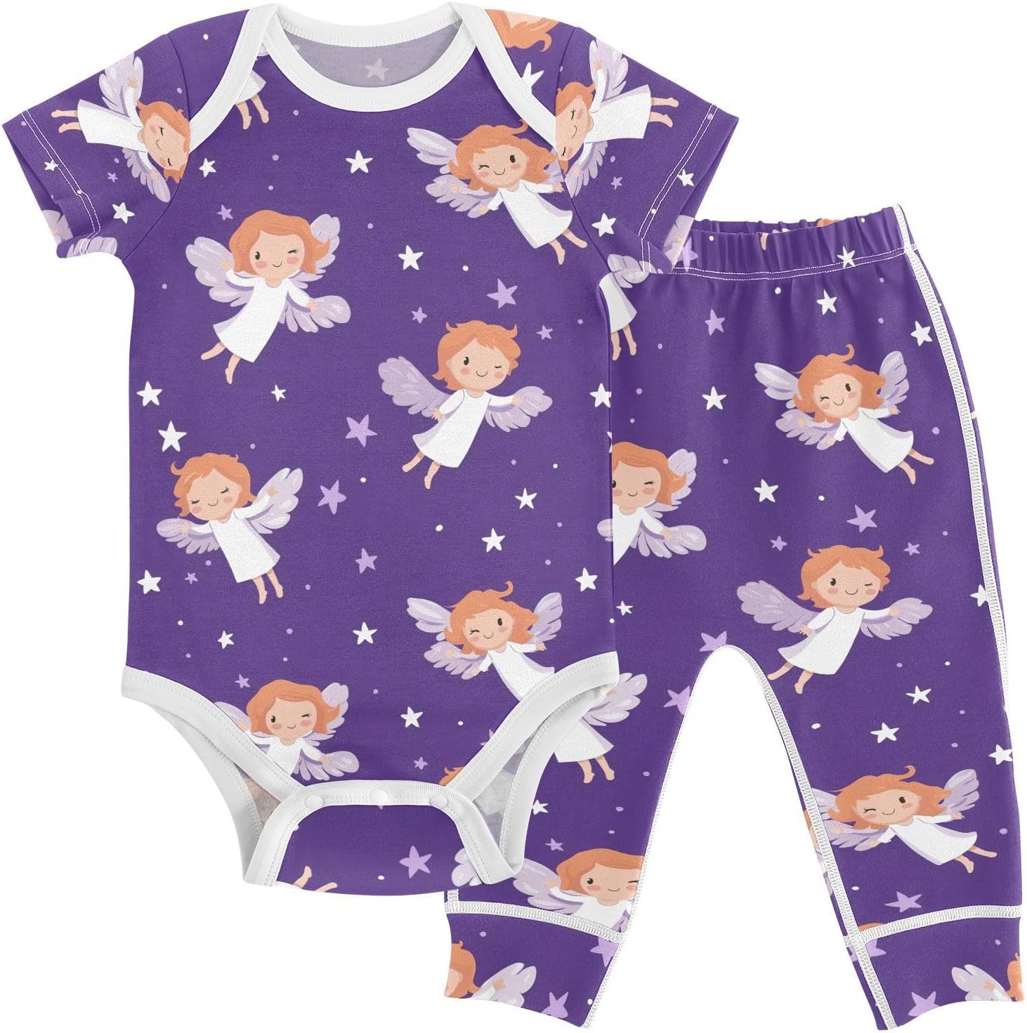 vvfelixl Baby Clothes Purple Cute Angles Baby Bodysuits Set Unisex Short Sleeve Babys Pants Sets 0-3M