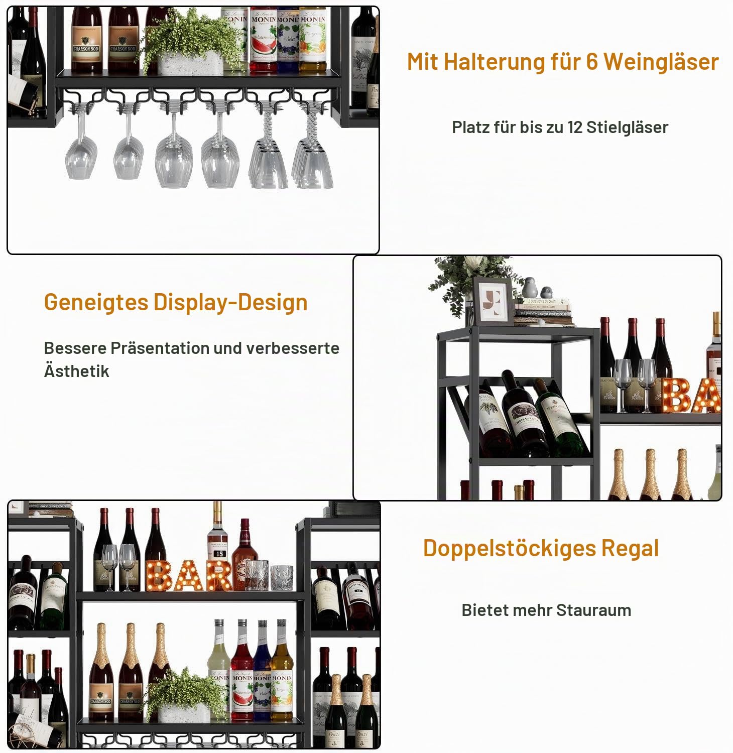 Wand-Weinregal Metall 120CM 3 Ebenen Weinregal Wand mit Glashalter Moderne Barregale für Spirituosen Multifunktional Weinpareite Display Rack für Hausbar Esszimmer Küche Restaurant,Schwarz 120*25*60CM