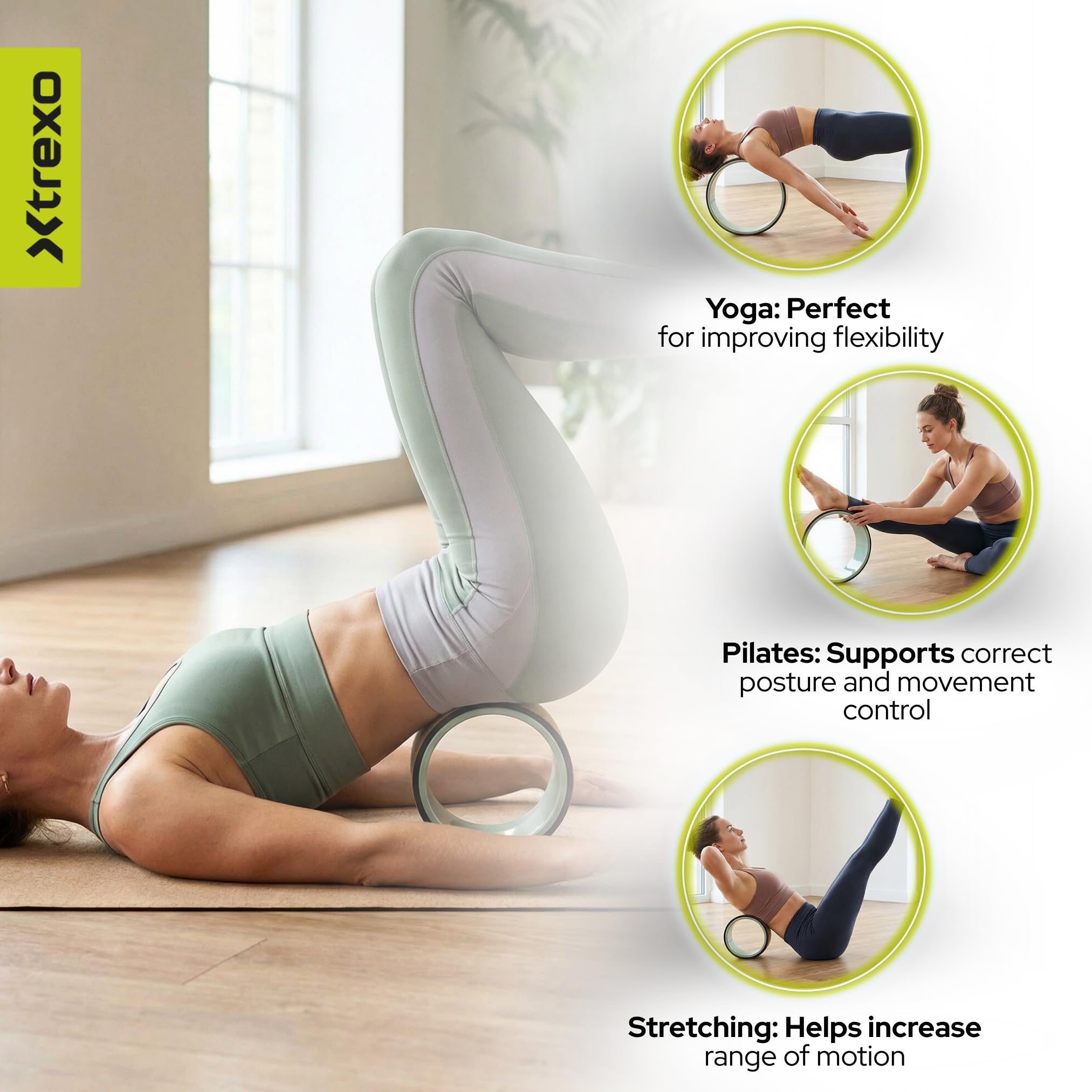 XTREXO FlowWheel 3 en 1 – Lot de roues de yoga Vert olive (grand/moyen/petit) Antidérapantes pour étirement du dos, équilibre et entraînement de cœur, yoga et Pilates