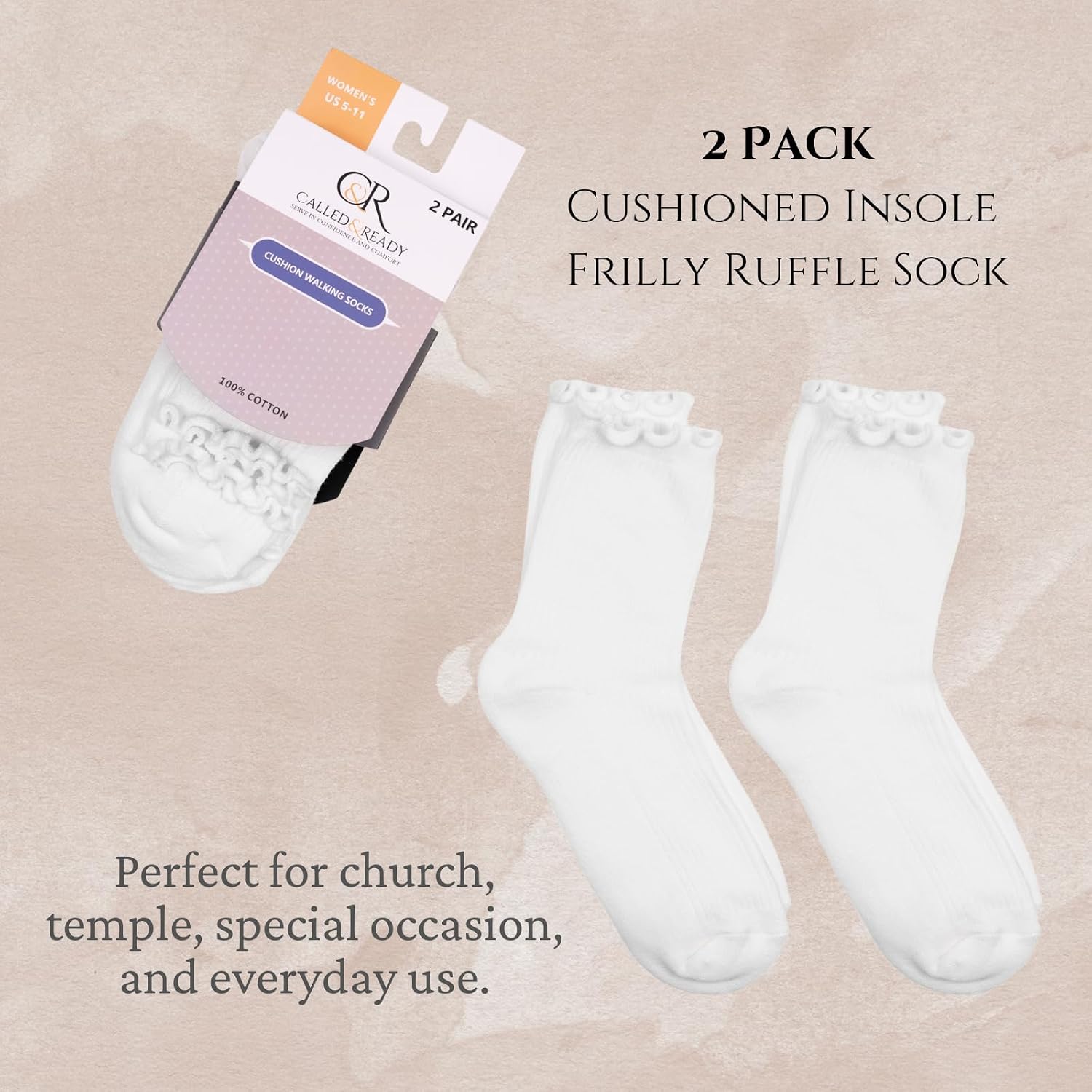 Women's White Temple Socks – Cushioned Bottom, 2 Pairs Per Pack (One Size Fits Most)