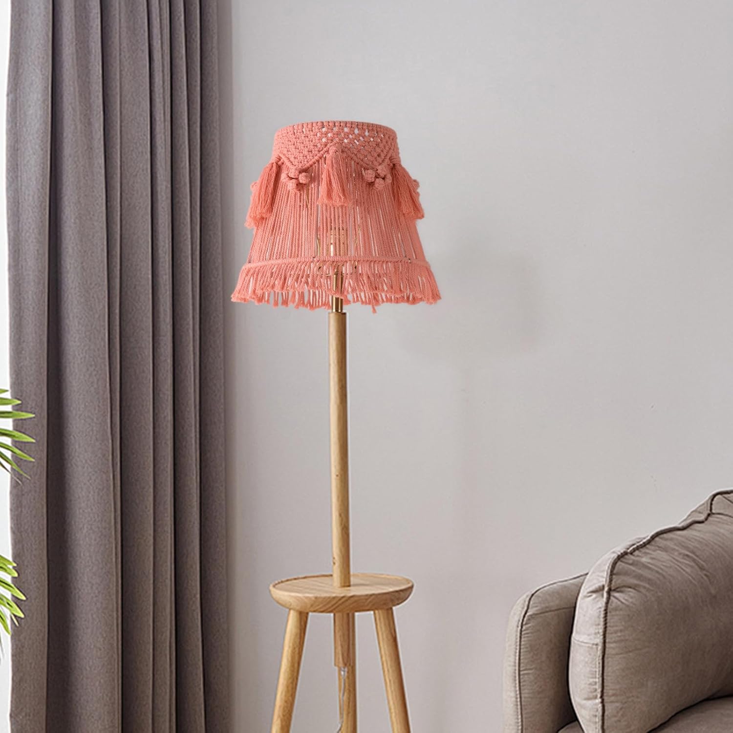 Pink Boho Woven Lamp Shade Bell Tassels Lampshade 7.5``Top x 12``Bottom x 11``High(Spider) Medium Handmade Lamp Shades for Table & Bedside Lamp - Easy Assemble