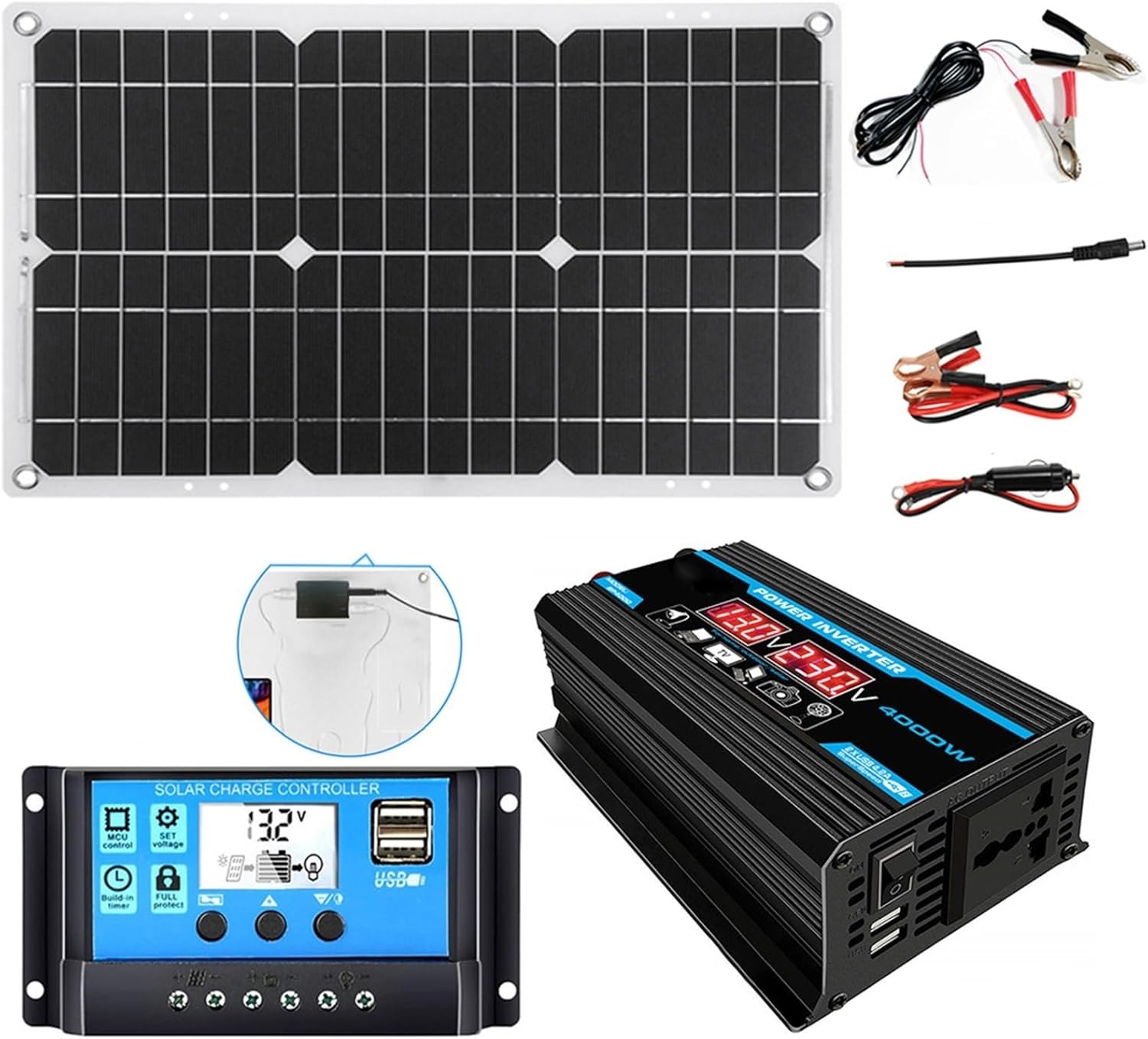4000W 12V to 110V/220V Solar Inverter Controller Kit - 30A Charge Controller + 18W 12V Solar Panel for Home Solar Generator System (Yellow, 12V-220V)