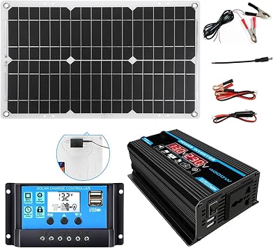 4000W 12V to 110V/220V Inverter Controller Solar Panel Kit 30A Controller + 18w12v Solar Panel Solar System Combo Solar Generator Home Grid SystemBlack,12V-110V