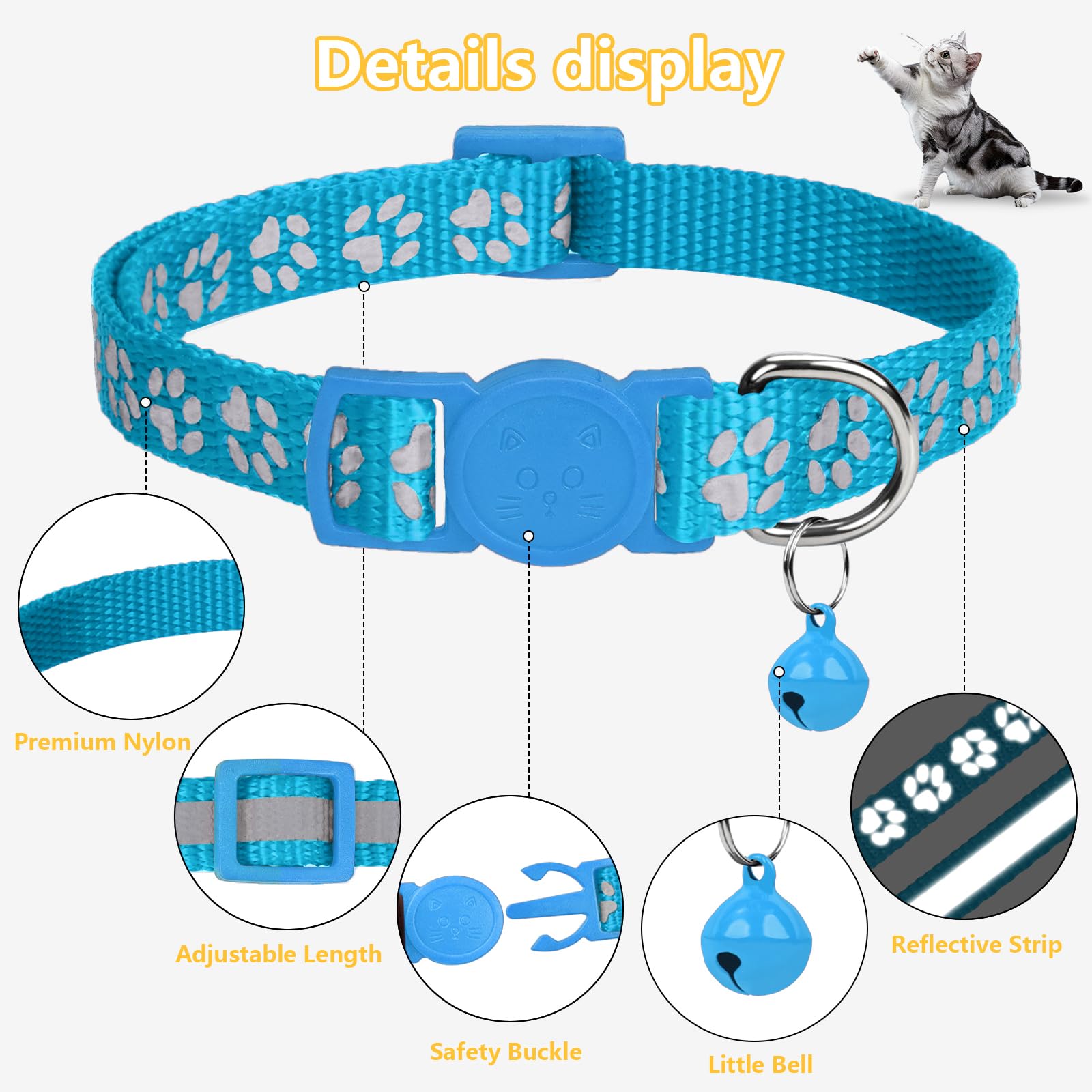 Taglory Collare Gatto Riflettente, 2 Pezzi Collari per Gatti Antistrozzo con Campanellino e Fibbia di Sicurezza, Stampa Zampa Carina 15-20cm Azzurro