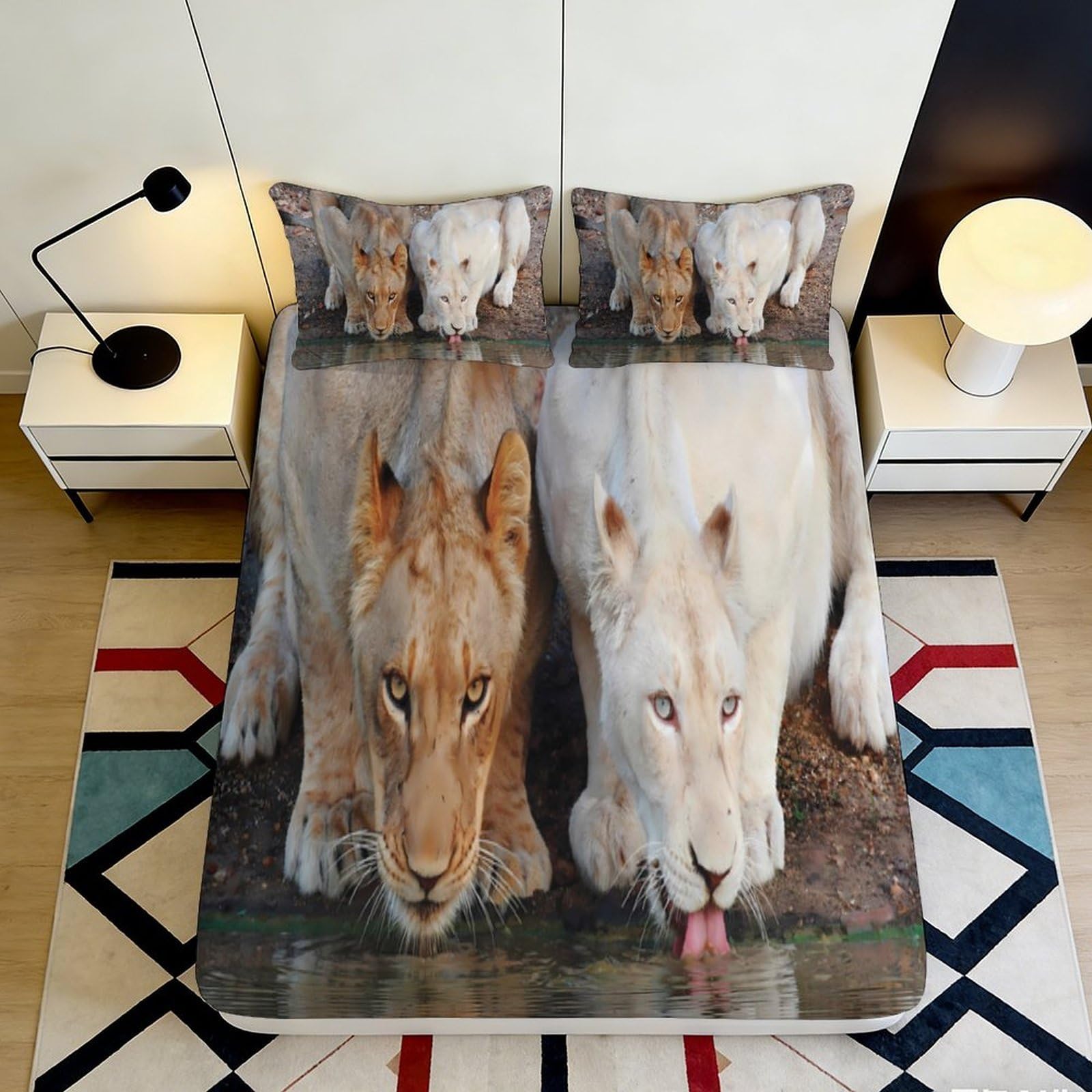 3D Printed Lion Cubs Fitted Sheet Microfiber Soft Breathable Wildlife Bed Cover for Bedroom Dormitory Guest Room Mattress Protection Decor 180x200x25cm