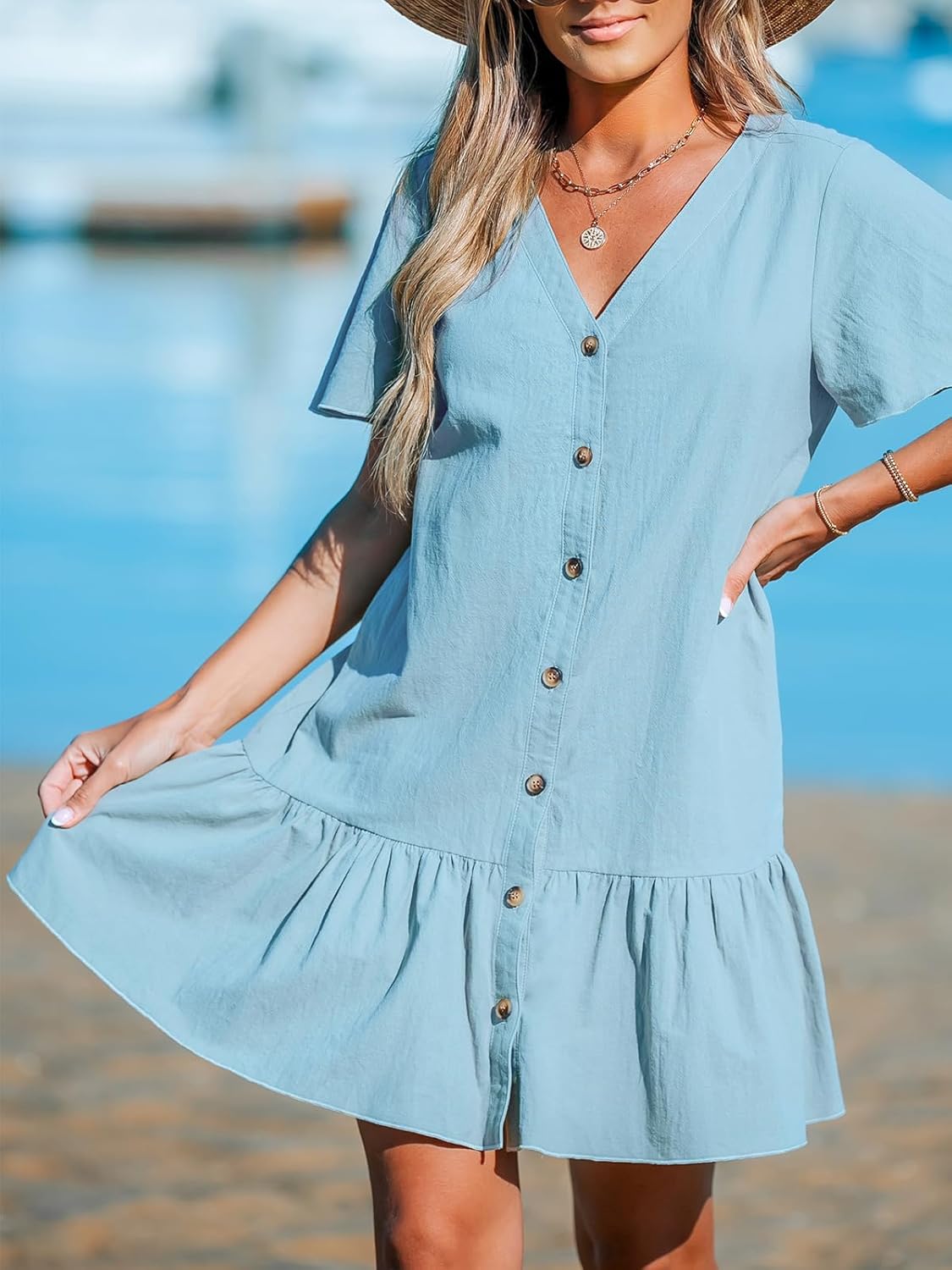CUPSHE Women's V Neck Button Short Sleeve Flounce Cotton Beach Summer Mini Cover Up Dress - Image 7