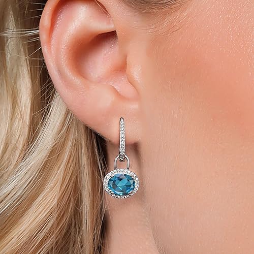 Miniatura 3 de Gem Stone King Aretes colgantes ovalados de plata de ley 925 de 0.354 x 0.276 in con piedra natal Aretes colgantes ovalados para mujer