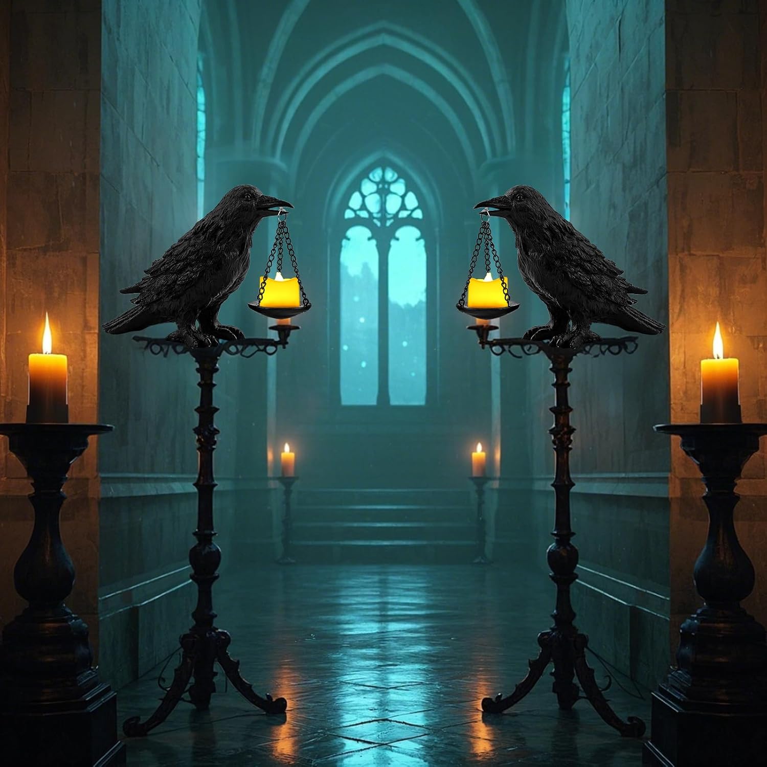 Gothic Crow Lamp with Tealight Candle Holder Resin Raven Decor Statue Gothic Home Decor for Bedroom Unique Goth Gifts Black 2PCS