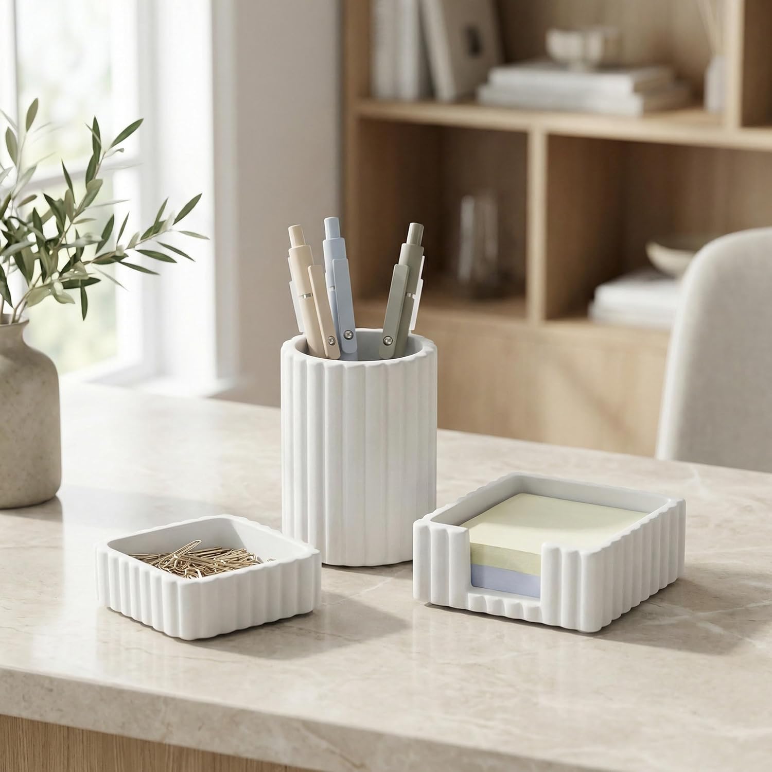 KIBAGA Modern Aesthetic Desk Accessories Set of 3 – Stylish Concrete Organizers for Pens & Office Supplies – A Cute and Functional Addition to Your Workspace Decor