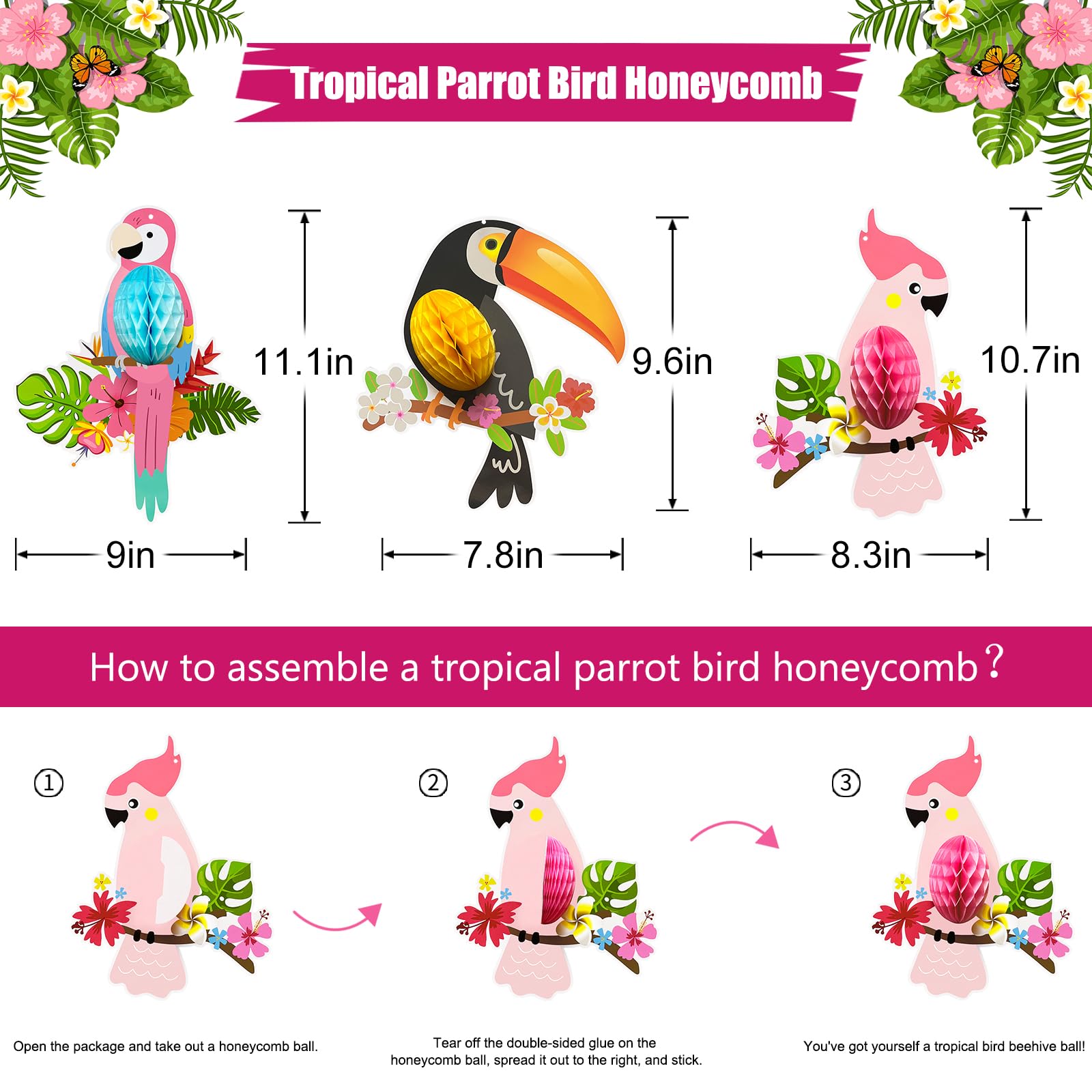 zilue Luau Party Decorations, Aloha Paper Lanterns Tropical Parrot Birds Tissue Paper Fans Pineapple Honeycomb Decorations for Beach Pool Flamingo Moana Birthday Party Supplies