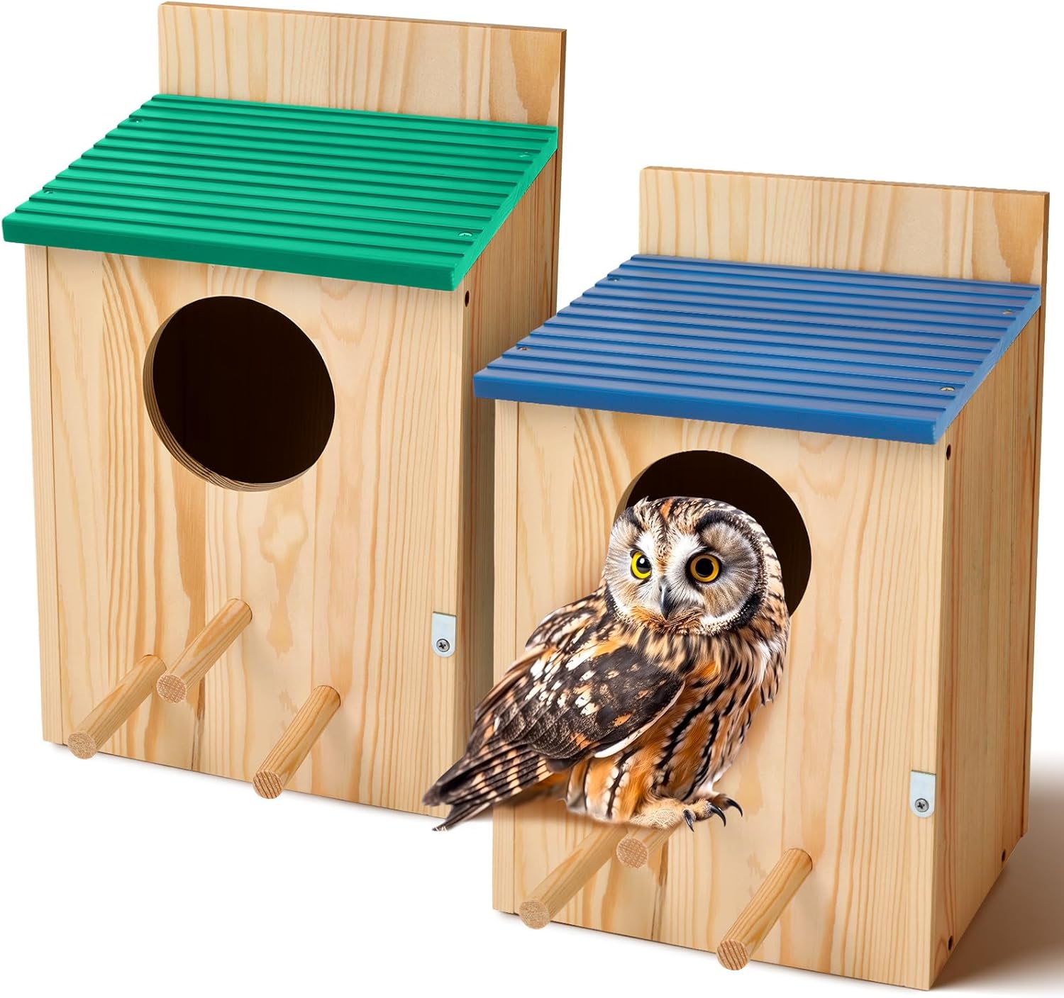 2 Pcs Screech Owl House Wooden Large Owl Bird Box Building Carbonized Painted Big Bird House with Stand, Mounting Screws and Manual for Outside Nesting Rectangular Opening Box