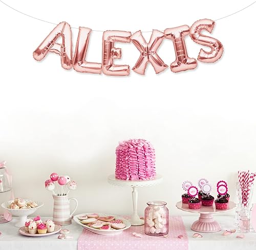 Miniatura 5 de PartyForever ALEXIS - Pancarta grande de 16 pulgadas, globos de papel de aluminio color oro rosa, letras con nombre para mujeres y niñas,