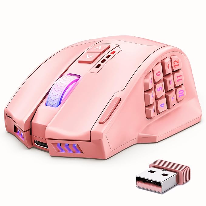 UtechSmart Venus Pro Wireless MMO Gaming Mouse, 16,000 DPI Optical Sensor, Wired/Wireless Dual Modes, 16M Chroma RGB Lighting, 16 Programmable Buttons, Ergonomic Design, Up to 70H, Pink