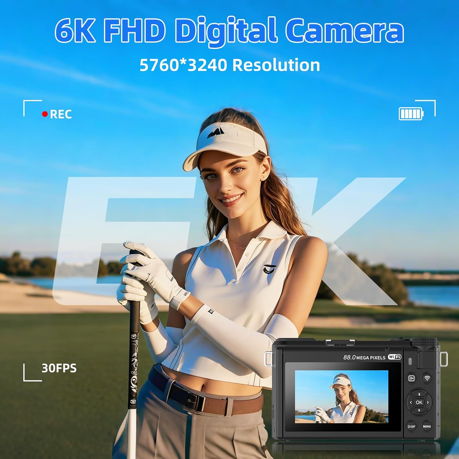Ourlife 88MP 6K Digital Camera,WiFi Cameras for Photography,Autofocus Camera Vlogging with 3" 180°Flip Screen,Compact Camera Good for Beginners 18X Zoom Flash PoP-up(32GB Card)
