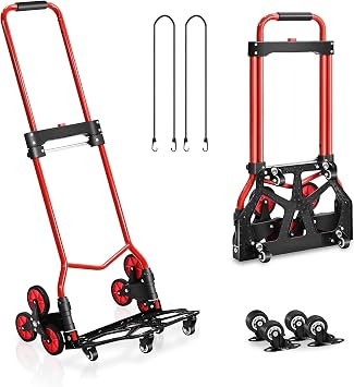 Stair Climbing Cart, 280 lbs Capacity Stair Climber Hand Truck and Dolly, Heavy-Duty Folding Stair Dolly with Stretchable Handle, 10 Wheels & 2 Elastic Ropes for Home Shopping Moving Warehouse