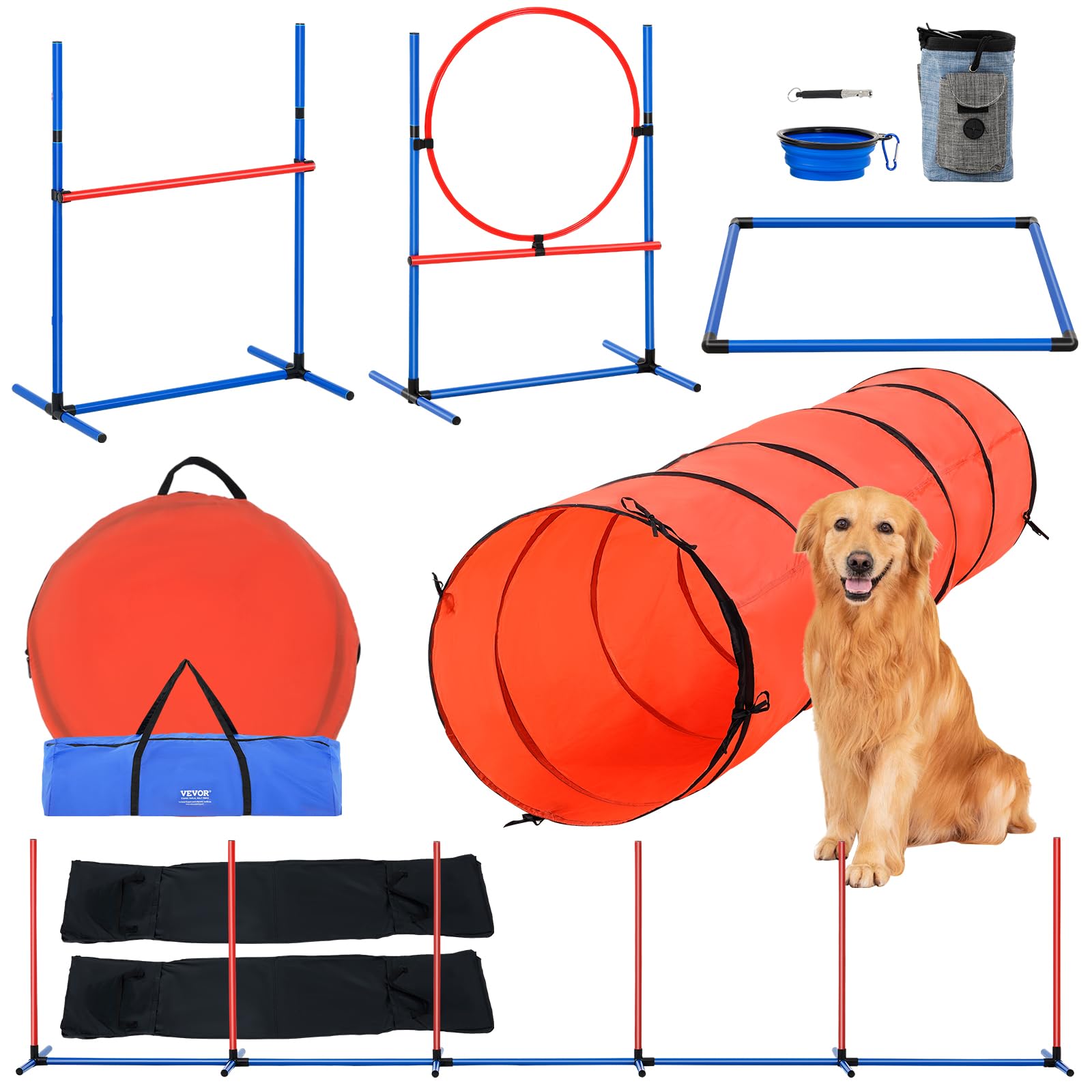VEVOR Dog Agility Training Equipment, Dog Obstacle Course Backyard Set with Adjustable High Hurdles,6 Weave Poles,Extended Tunnel,Jump Ring,Pause Box,Whistle Foldable Bowl Training Pouch Storage Bag