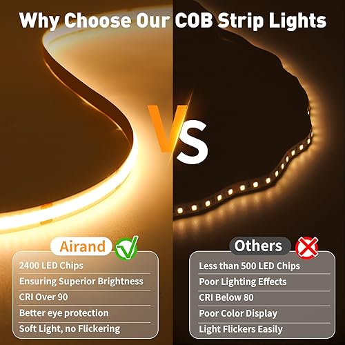 Miniatura 2 de Airand Tira de luces LED adhesivas de color blanco cálido, regulable, 3000 K, tira de luz LED COB con control remoto flexible de alta densidad, luz