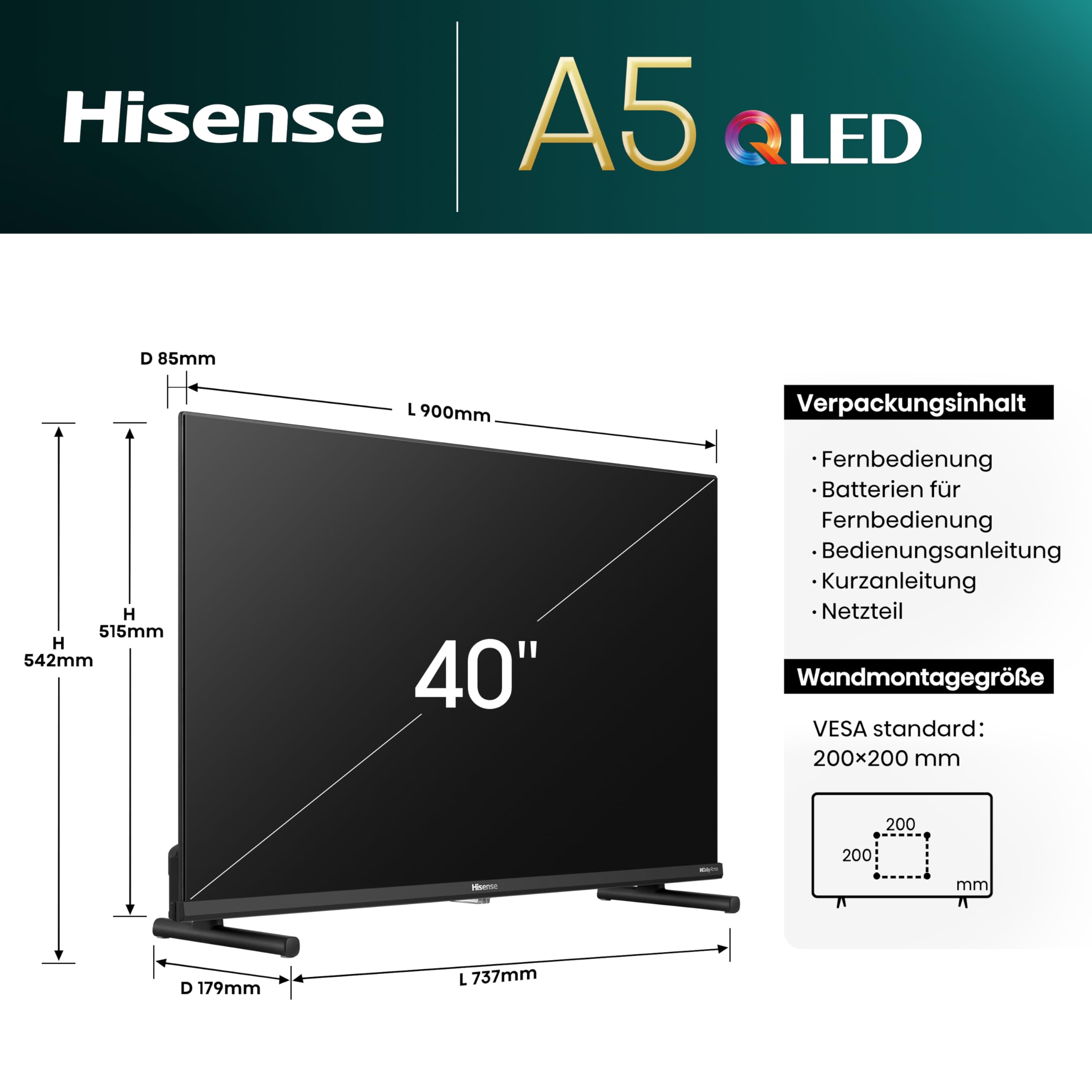 Hisense 40A5NQ 101cm (40 Zoll) QLED Fernseher Full HD, Smart TV, Triple Tuner, AI Sports Mode, Dolby Atmos, Share to TV, Duale Positionierung, WiFi, Game & Hotel Modus, Schwarz [2024]