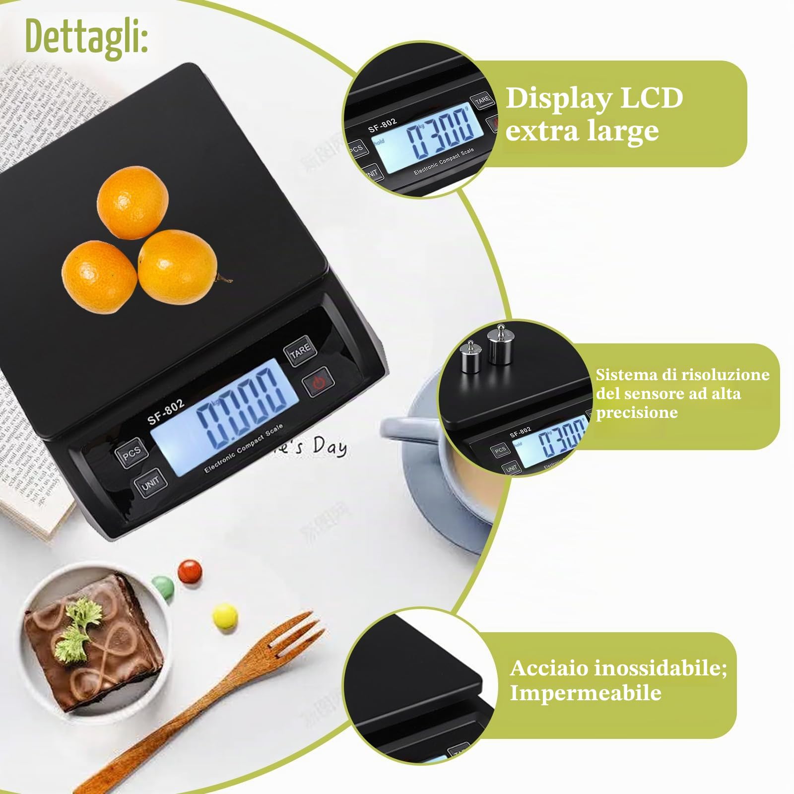 Bilancia Digitale Cucina Digitale Acciaio Inossidabile 30kg,Bilancia Cibo Multifunzionale per la Cottura Della Frutta,Bilancia da Cucina con Display lcd e Funzione Tara Kitchen Scales (Nero)
