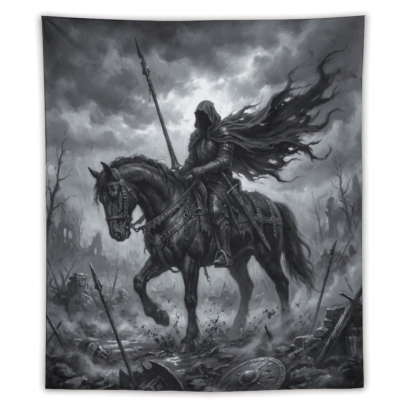 Battlefield Horseman Wall Tapestry, Medieval Illustration, Backdrop