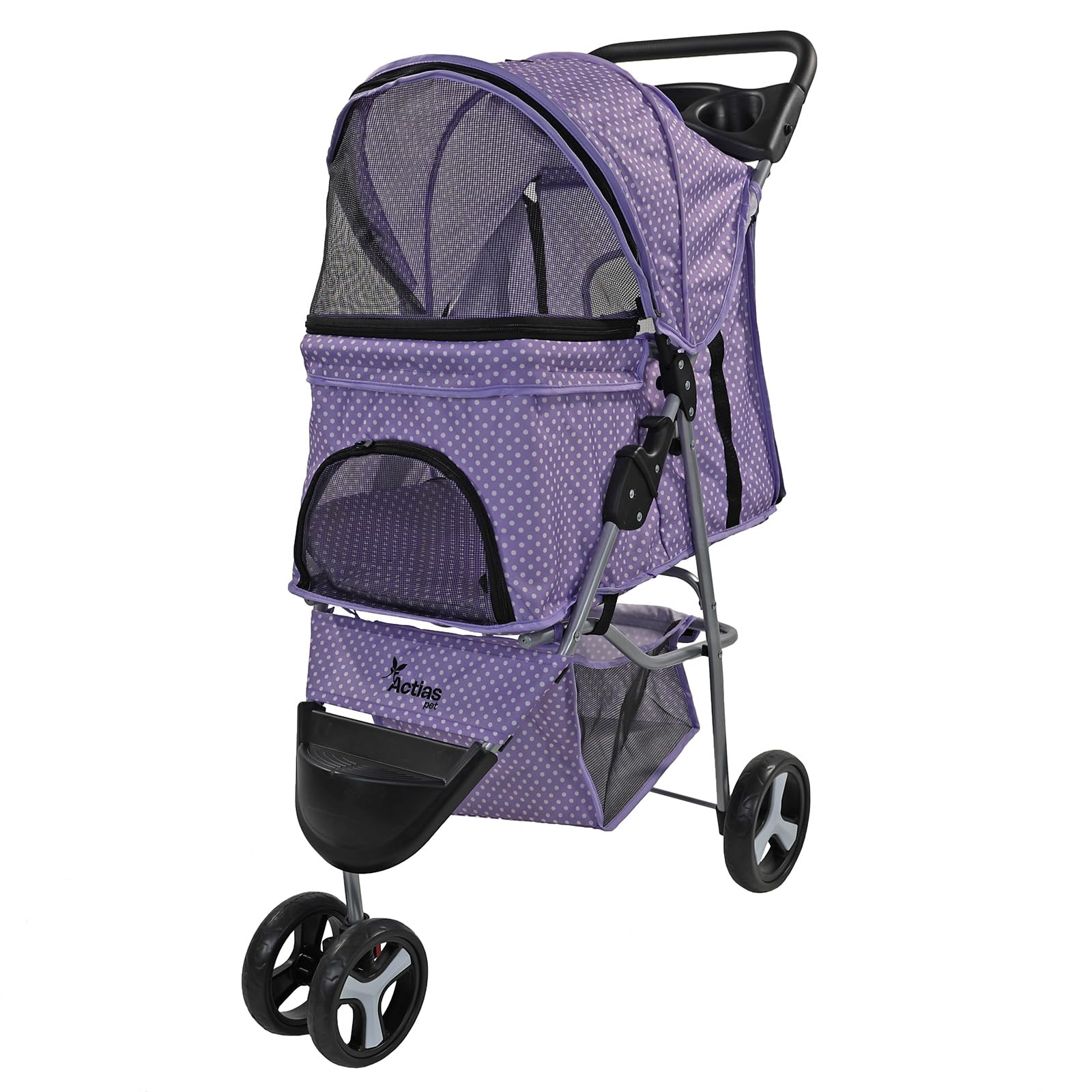 Actiaspet Foldable Pet Stroller with Weather Cover & Swivel Wheels – Dog & Cat Pushchair – Lightweight Travel Pet Buggy – 15kg Capacity (Purple Dot)