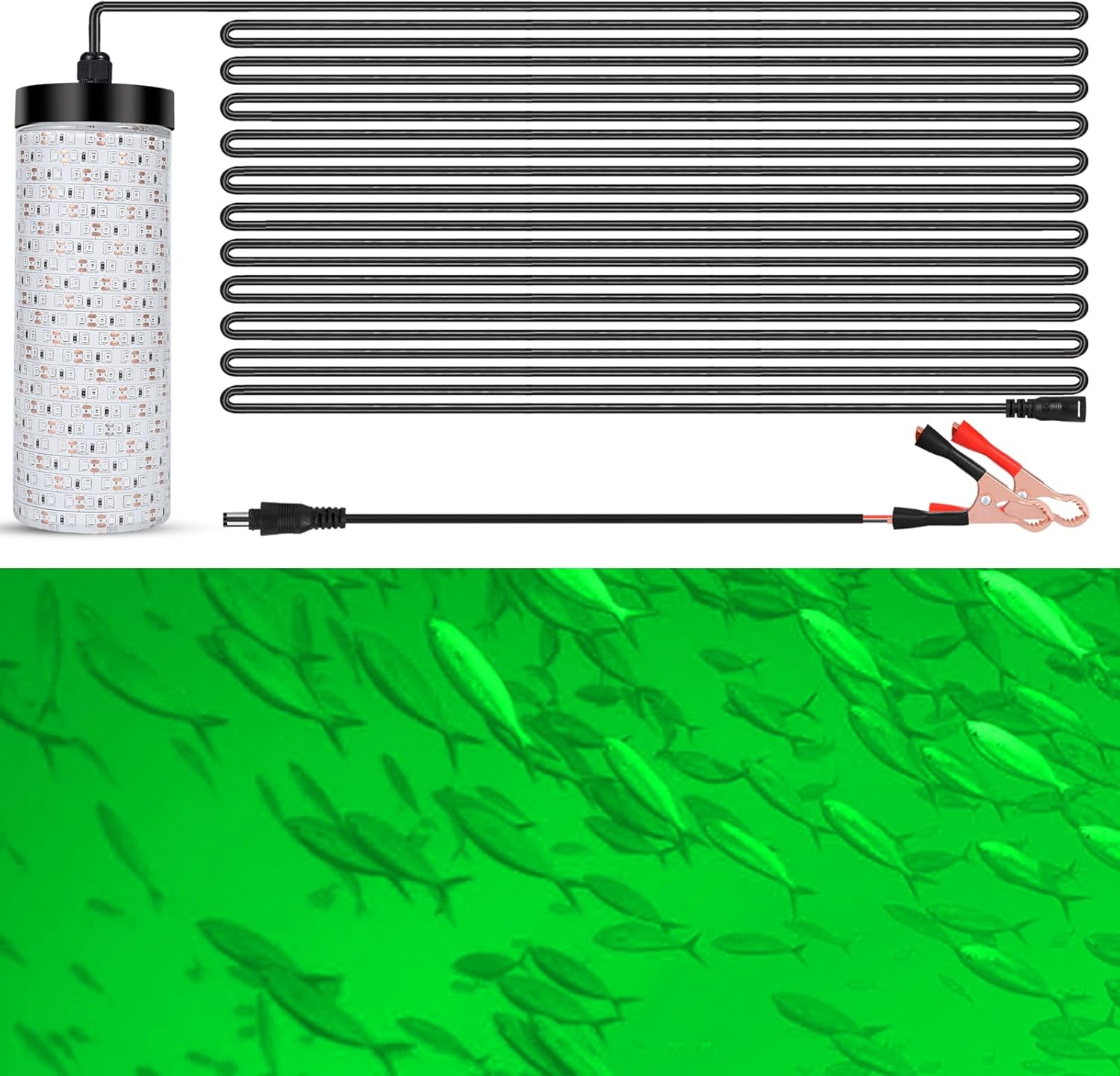 Underwater Green Fishing Light, 50FT Cord 30000LM LED Night Fishing Finder Attractor, IP68 Submersible Lamp with Battery Clips Cigarette Charger Plug