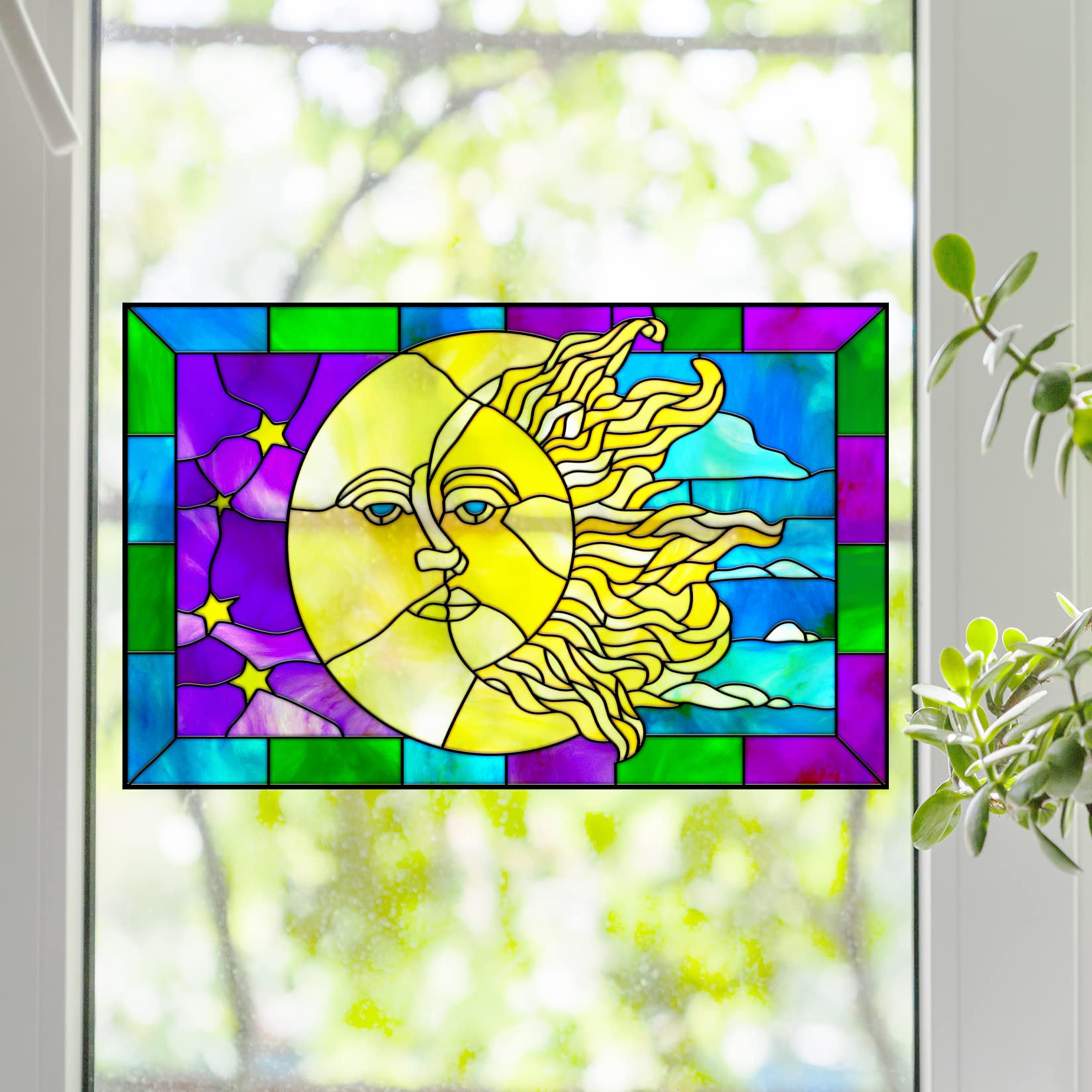 Sun and Moon Rectangle Stained Glass Window Film (11"x17")-image-27