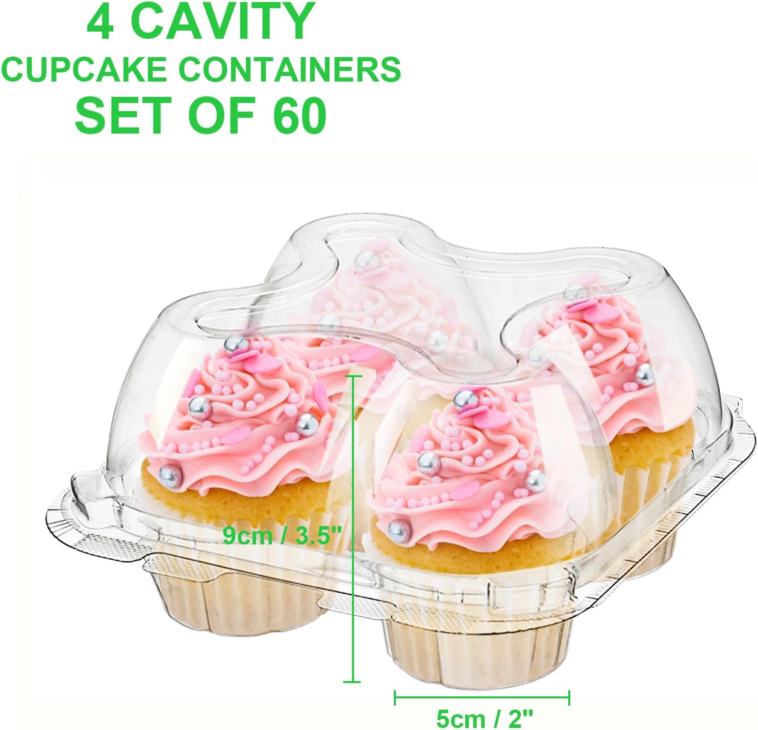 Bekith 60 Count 4-Compartment Plastic Cupcake Containers - Disposable Cupcake Trays Holder Carrier Box with Lids for Cupcakes & Muffins - Hinged Lock Cupcake Clamshell - Deep Cups for Cupcake Storage