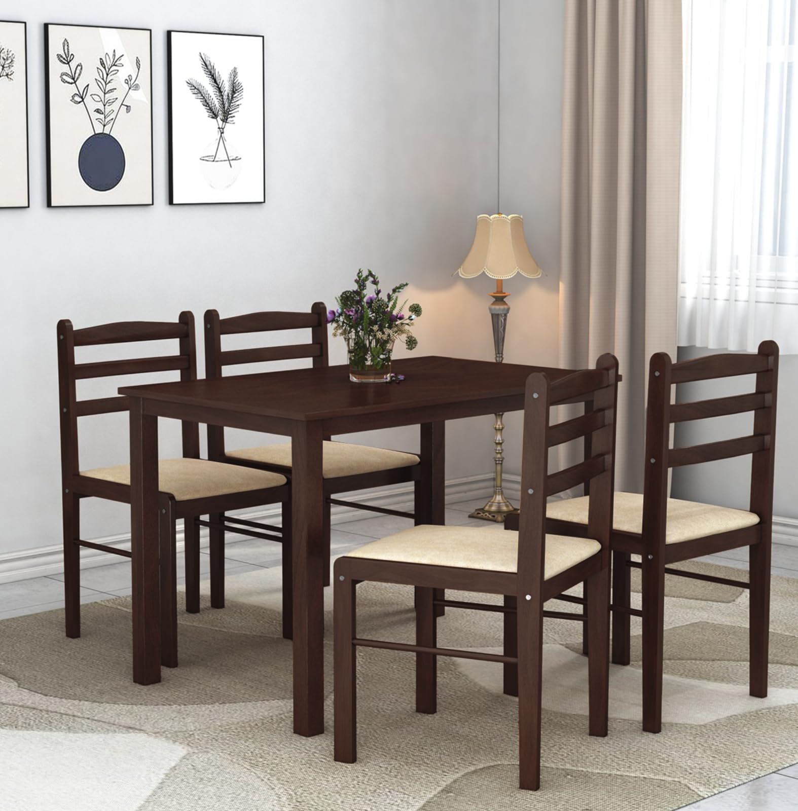 QuattroDine Solid Wood 4 Seater Dining Table Set | Four Seater Dining Table Set for Homes - Free Assembly (White Cushioned Chair | Dark Walnut Finish)-image-16