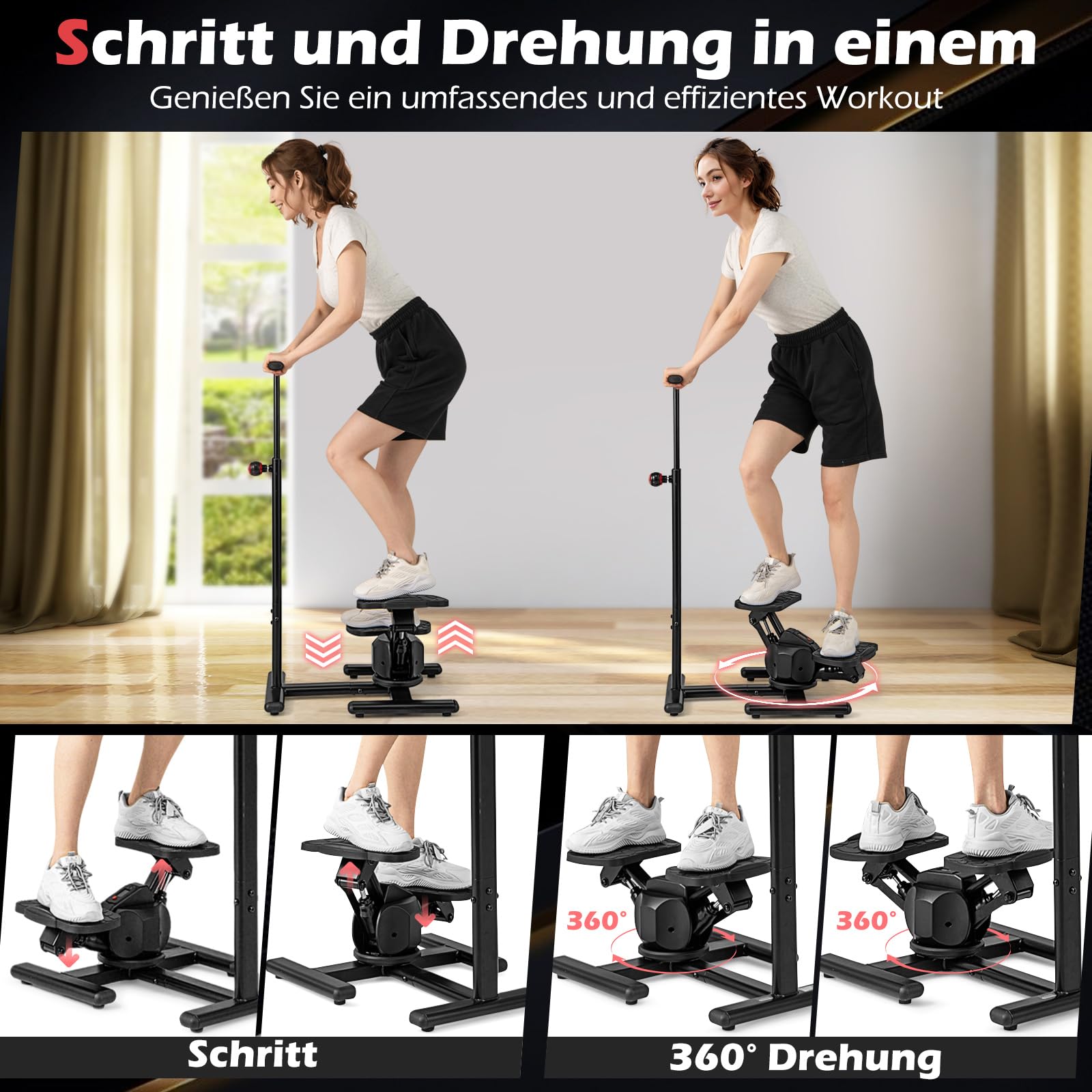 COSTWAY Stepper z kierownicą, stepper fitness z regulowanym rezystorem i wyświetlaczem LCD, wspinaczka schodowa z uchwytem o regulowanej wysokości, do domu, biura, na siłownię